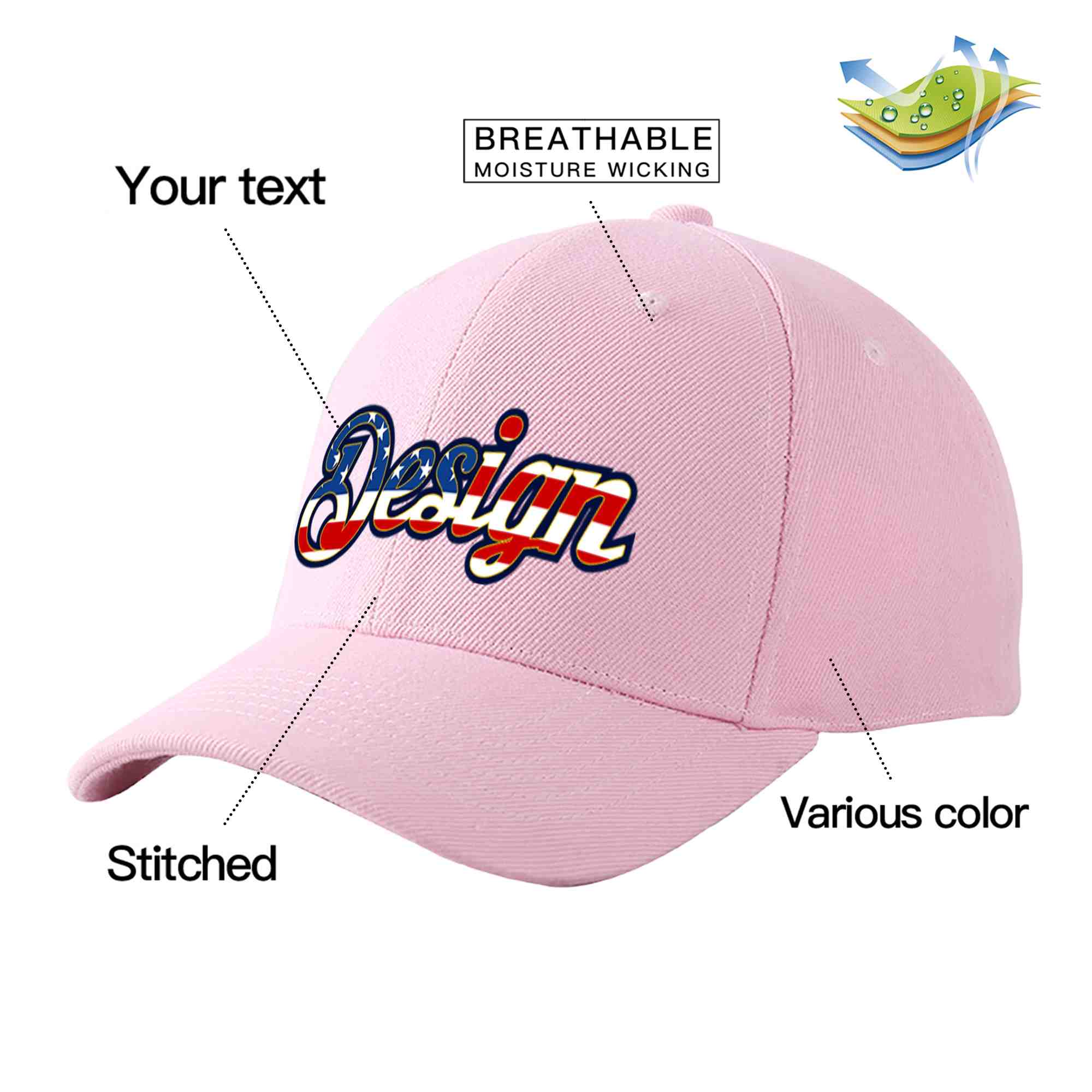 Casquette de baseball personnalisée rose vintage avec drapeau américain et avant-toit incurvé doré