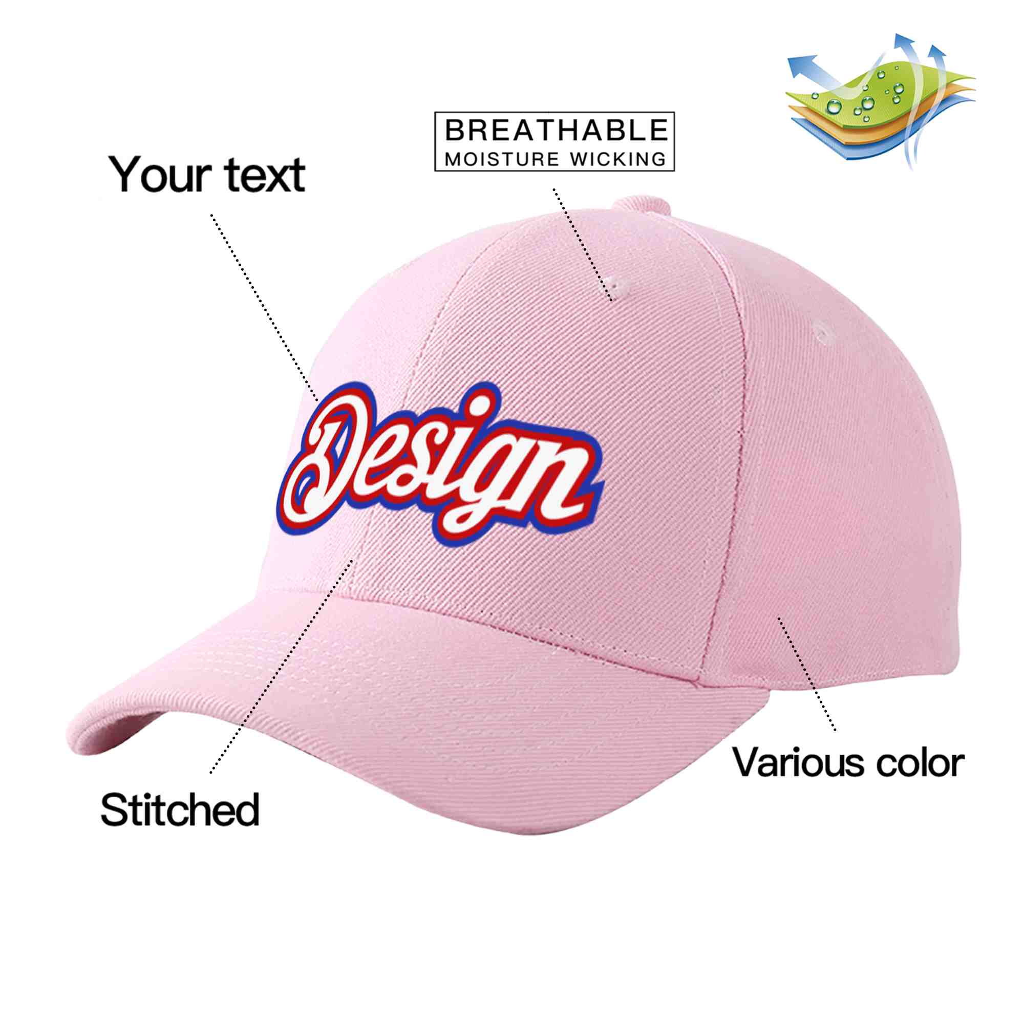 Custom Pink White-Red Curved Eaves Sport Design Baseball Cap