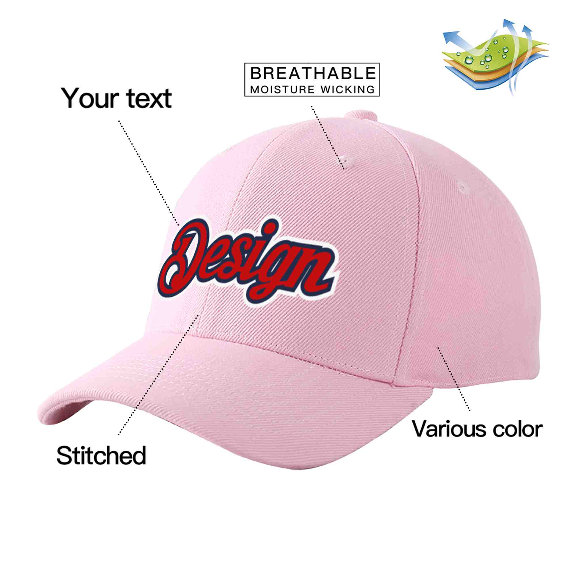 Custom Pink Red-Navy Curved Eaves Sport Design Baseball Cap