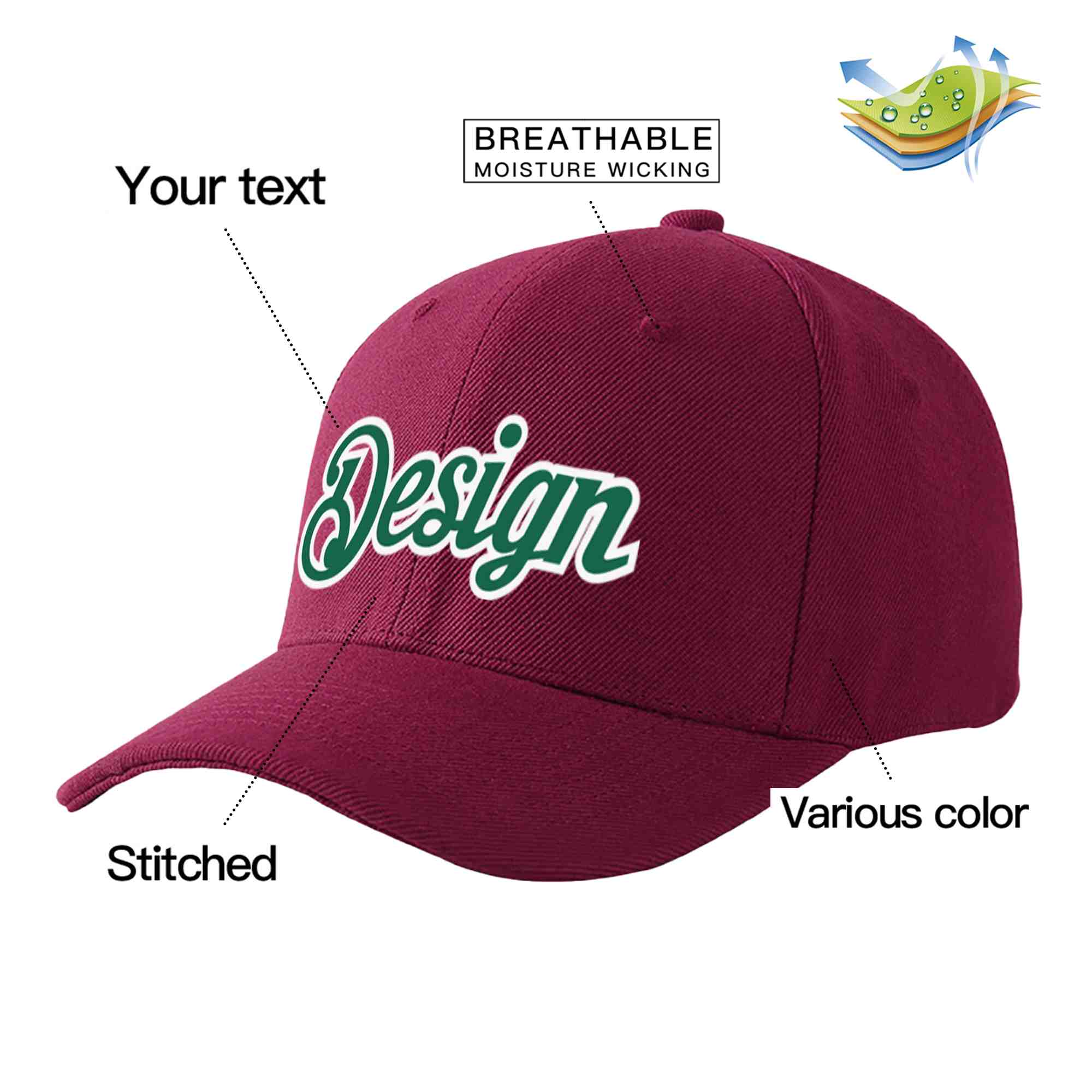 Vin rouge personnalisé Kelly vert-blanc courbé Eaves Sport Design casquette de baseball