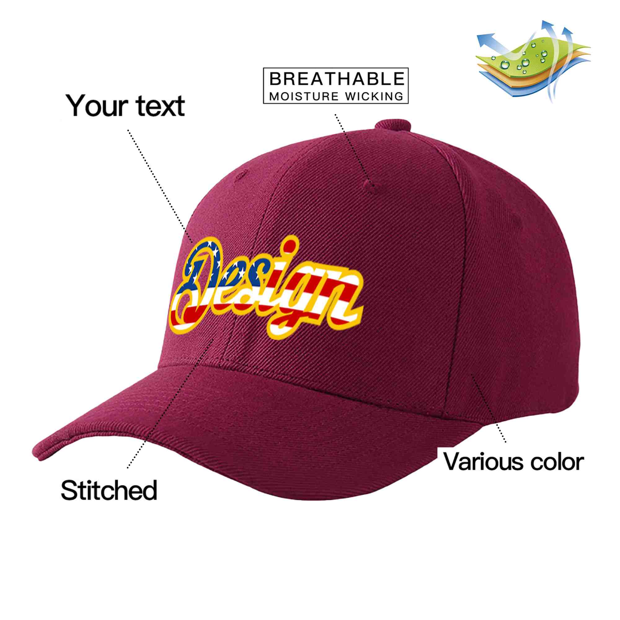 Custom Red Wine Vintage USA Flag-Gold Curved Eaves Sport Design Baseball Cap