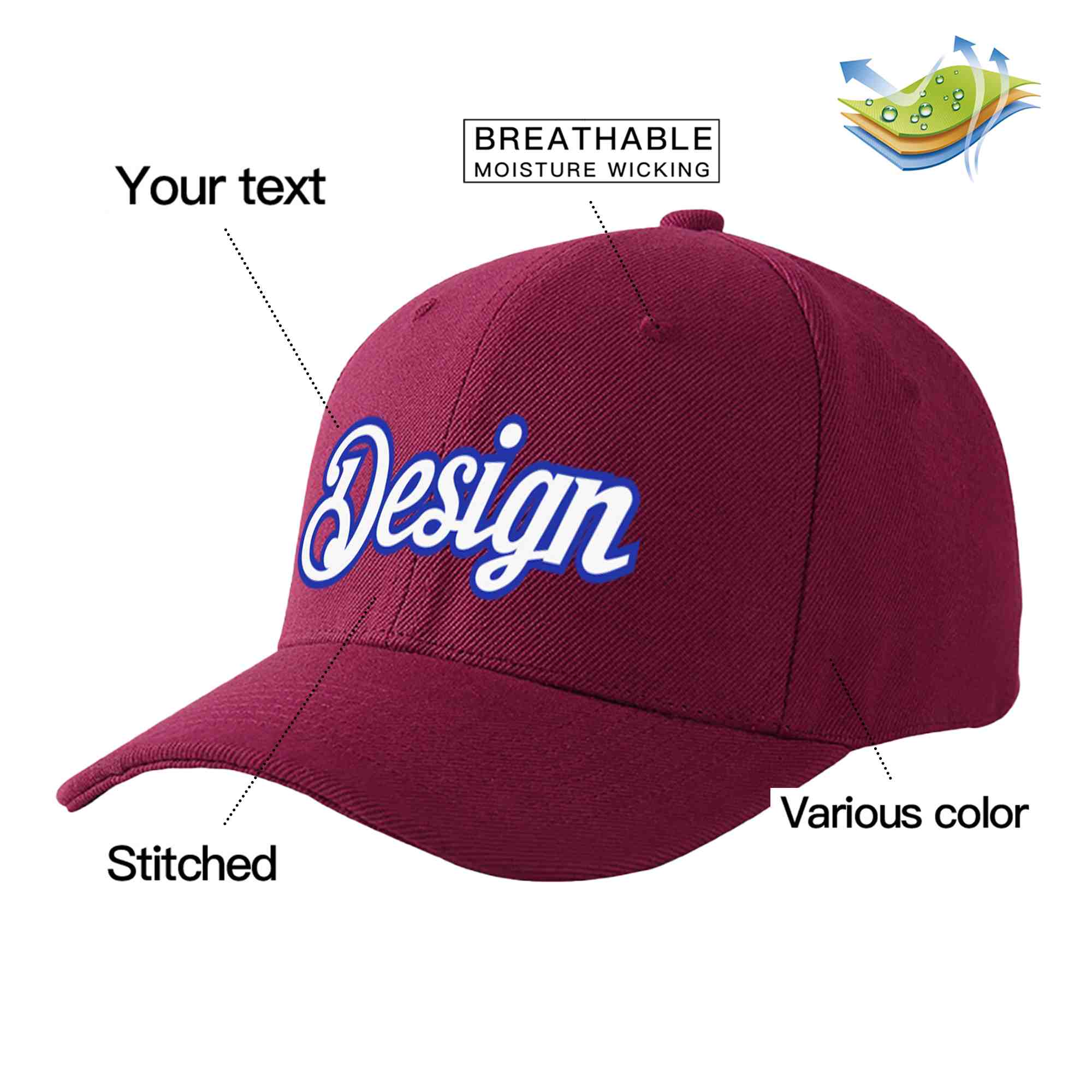 Custom Red Wine White-Royal Curved Eaves Sport Design Baseball Cap