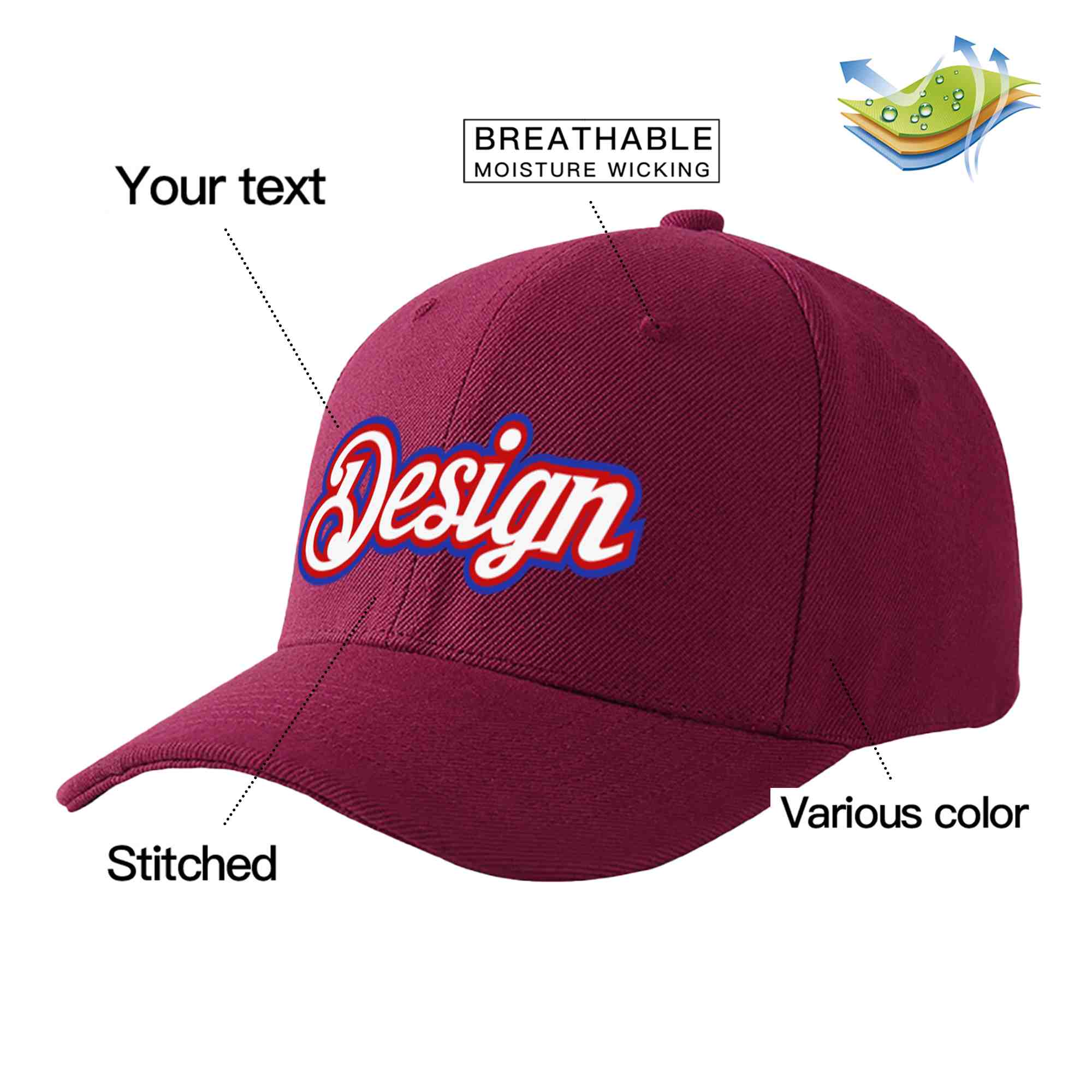 Casquette de baseball de conception de sport d'avant-toit incurvé blanc-rouge de vin rouge personnalisé