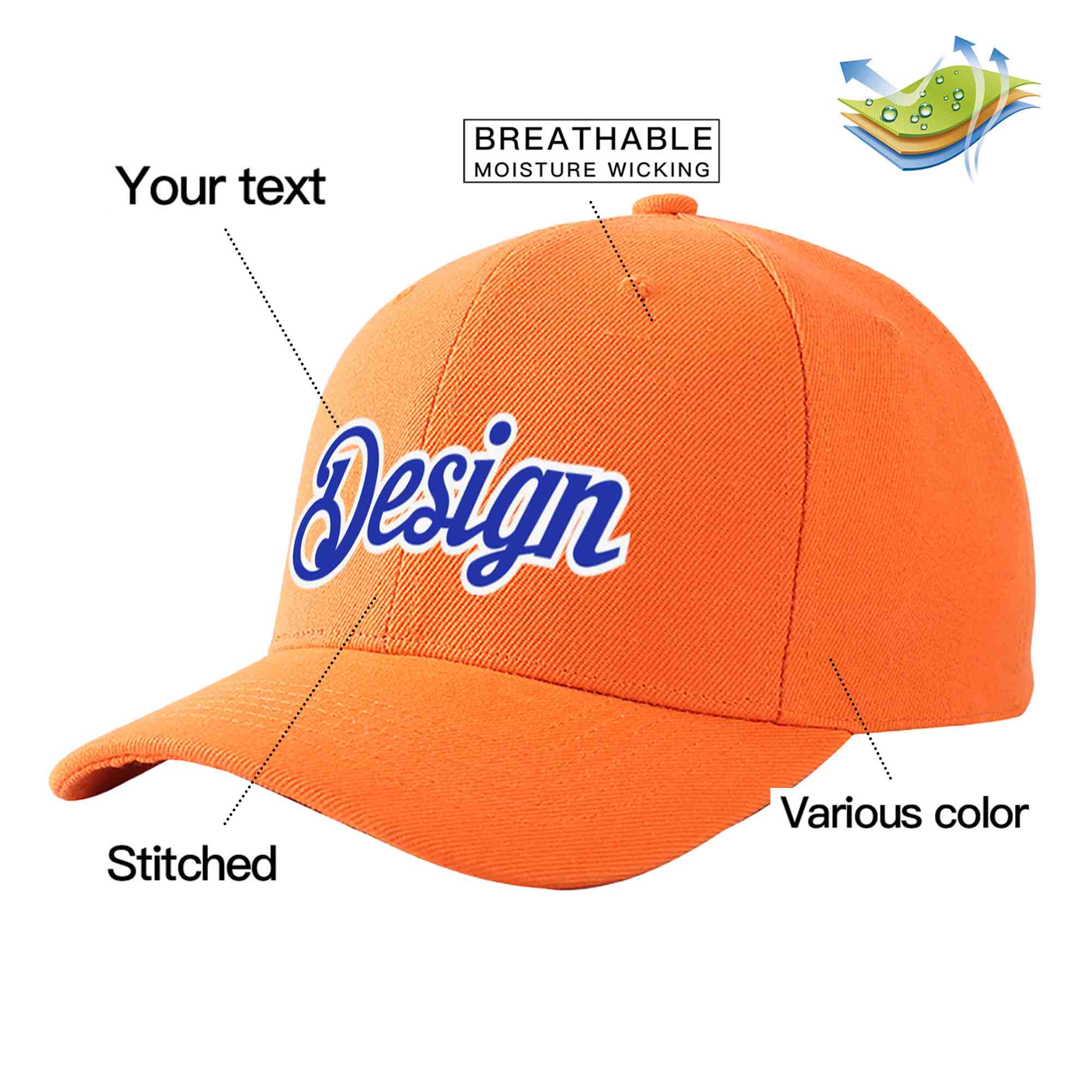 Casquette de baseball personnalisée Orange Royal-White Curved Eaves Sport Design