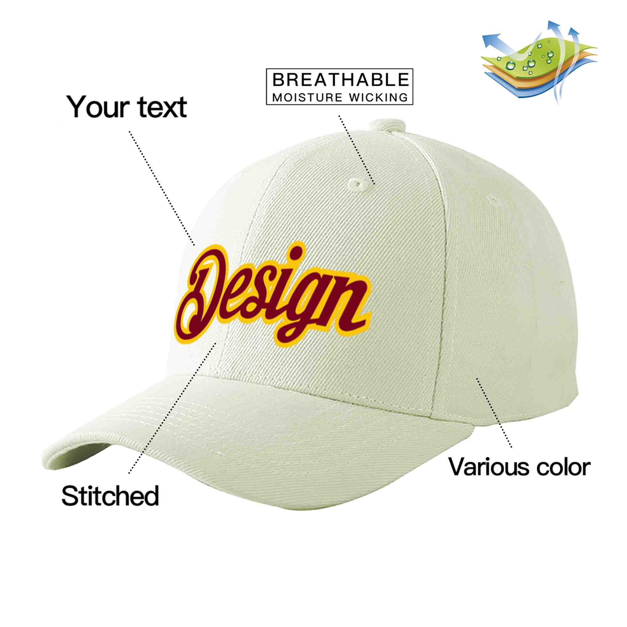 Casquette de baseball incurvée personnalisée crème cramoisi-or avec avant-toit