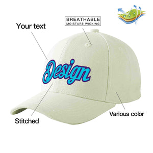 Custom Cream Light Blue-Purple Curved Eaves Sport Design Baseball Cap