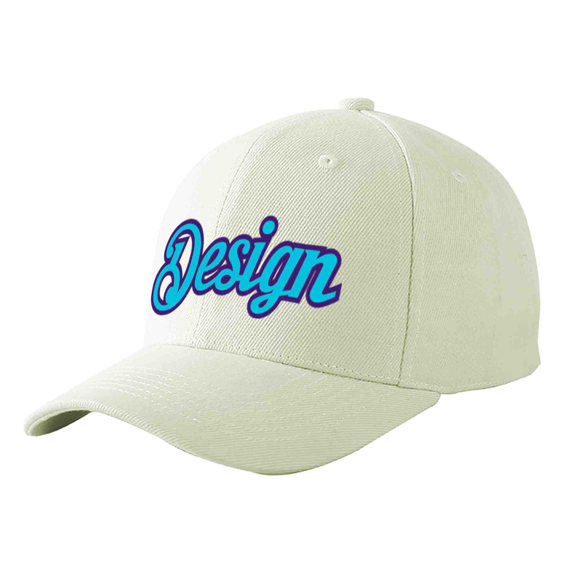 Custom Cream Light Blue-Purple Curved Eaves Sport Design Baseball Cap