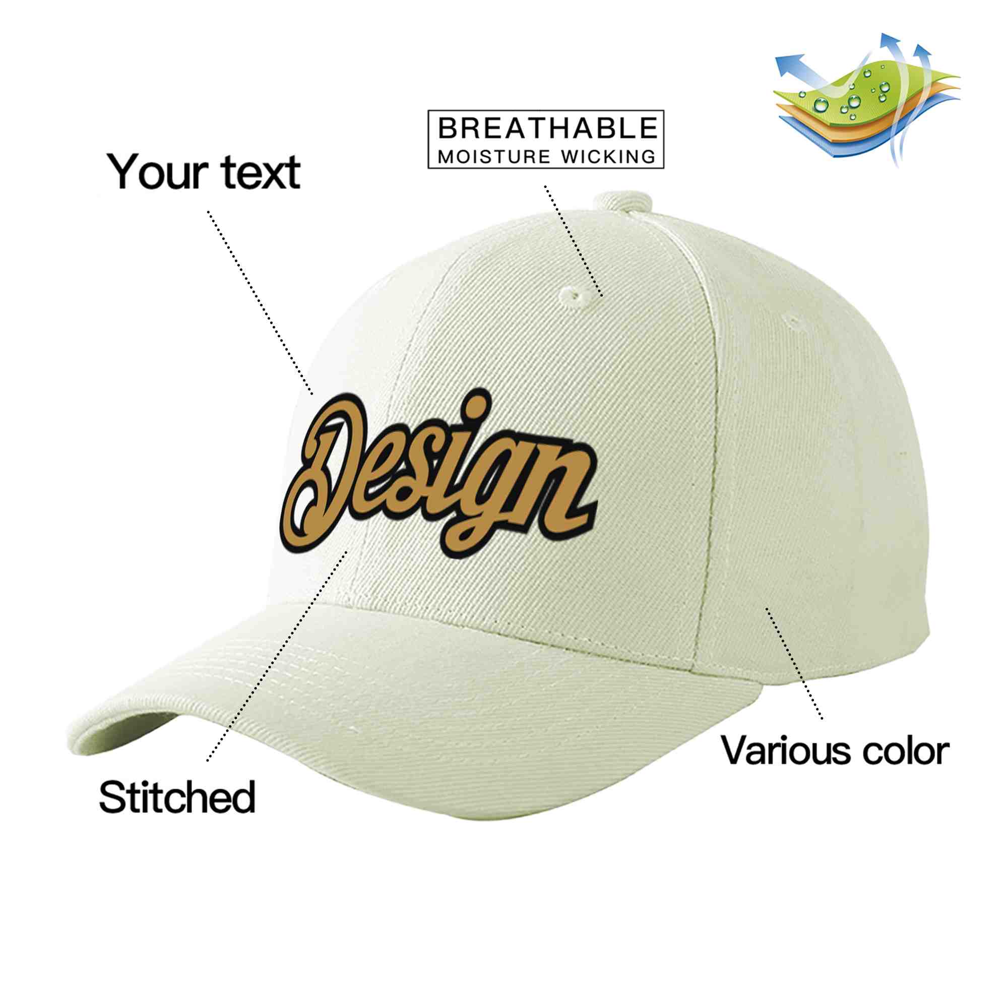 Custom Cream Old Gold-Black Curved Eaves Sport Design Baseball Cap