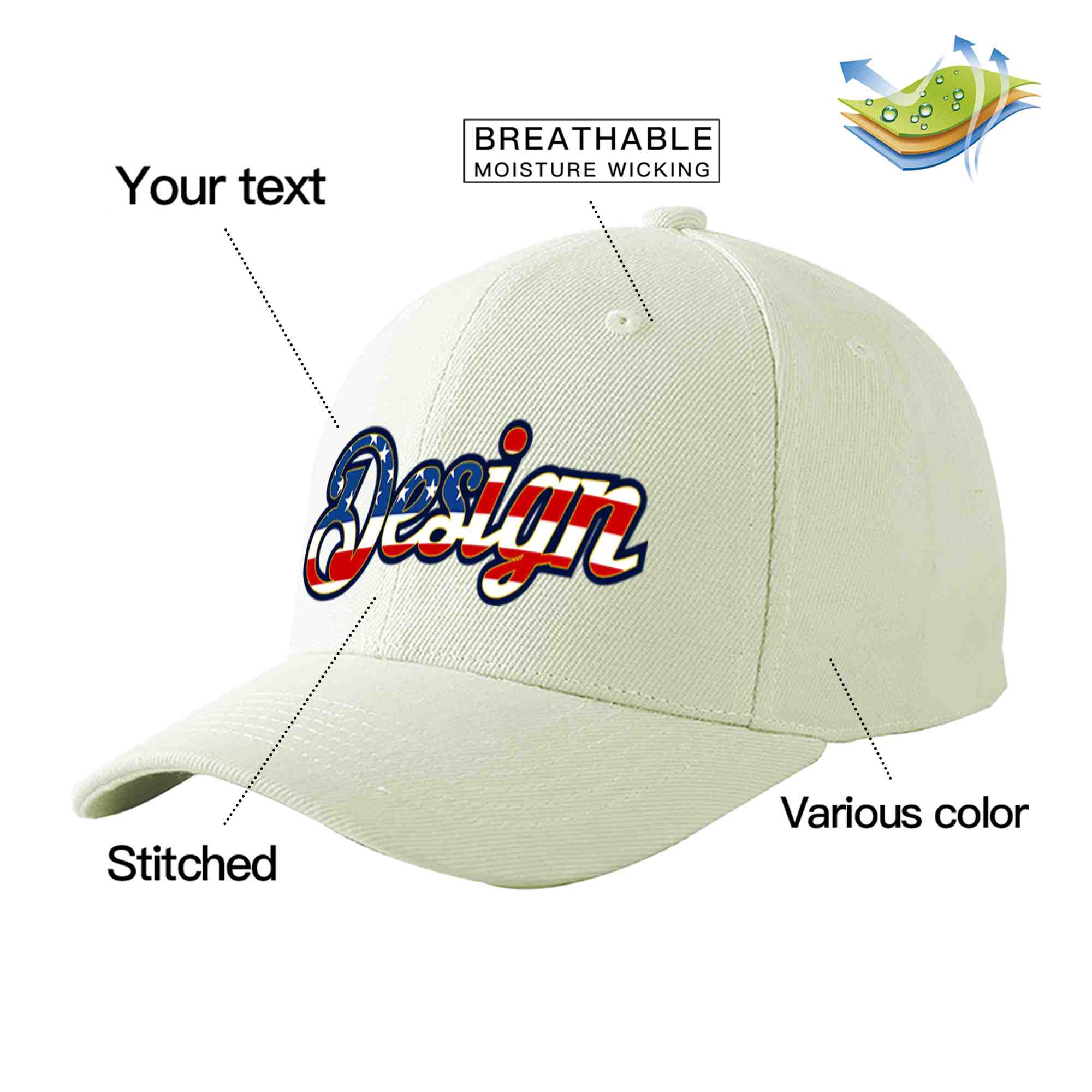 Custom Cream Vintage USA Flag-Gold Curved Eaves Sport Design Baseball Cap