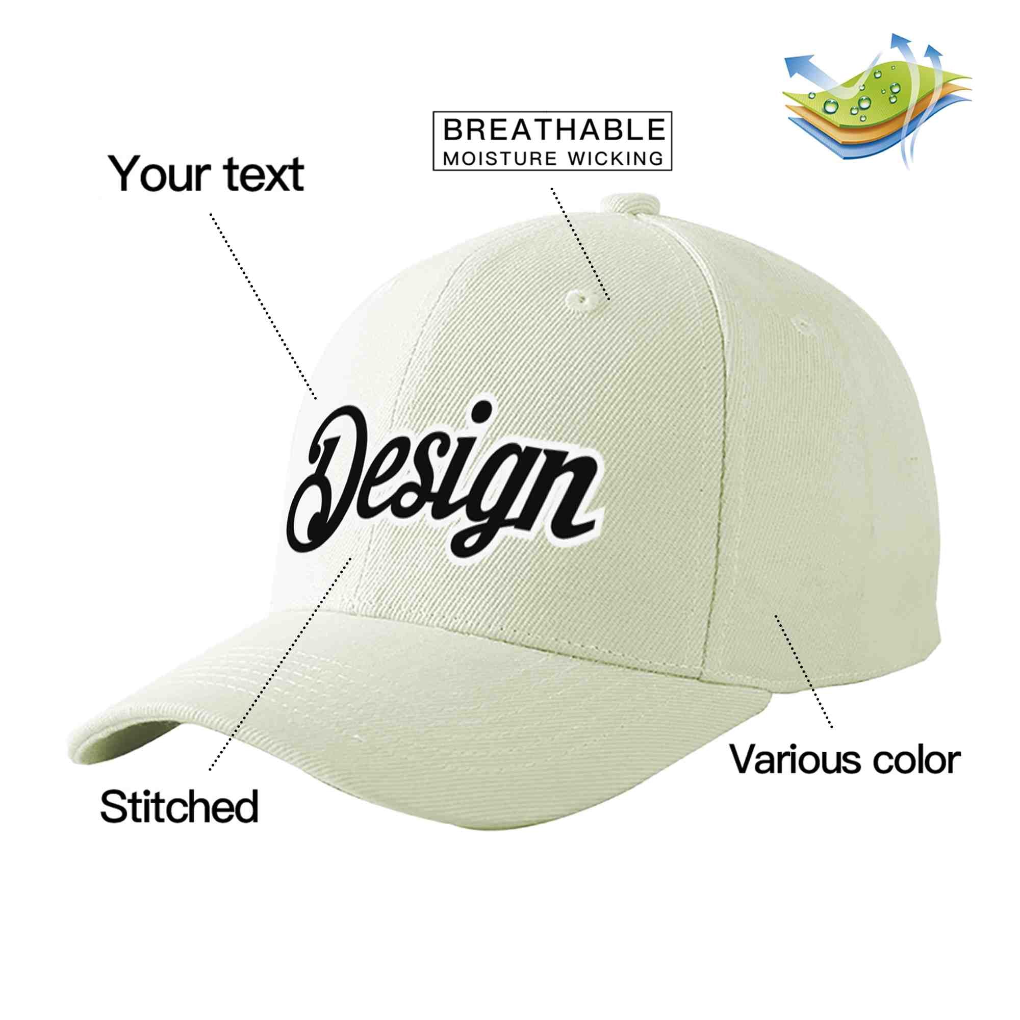 Custom Cream Black-White Curved Eaves Sport Design Baseball Cap