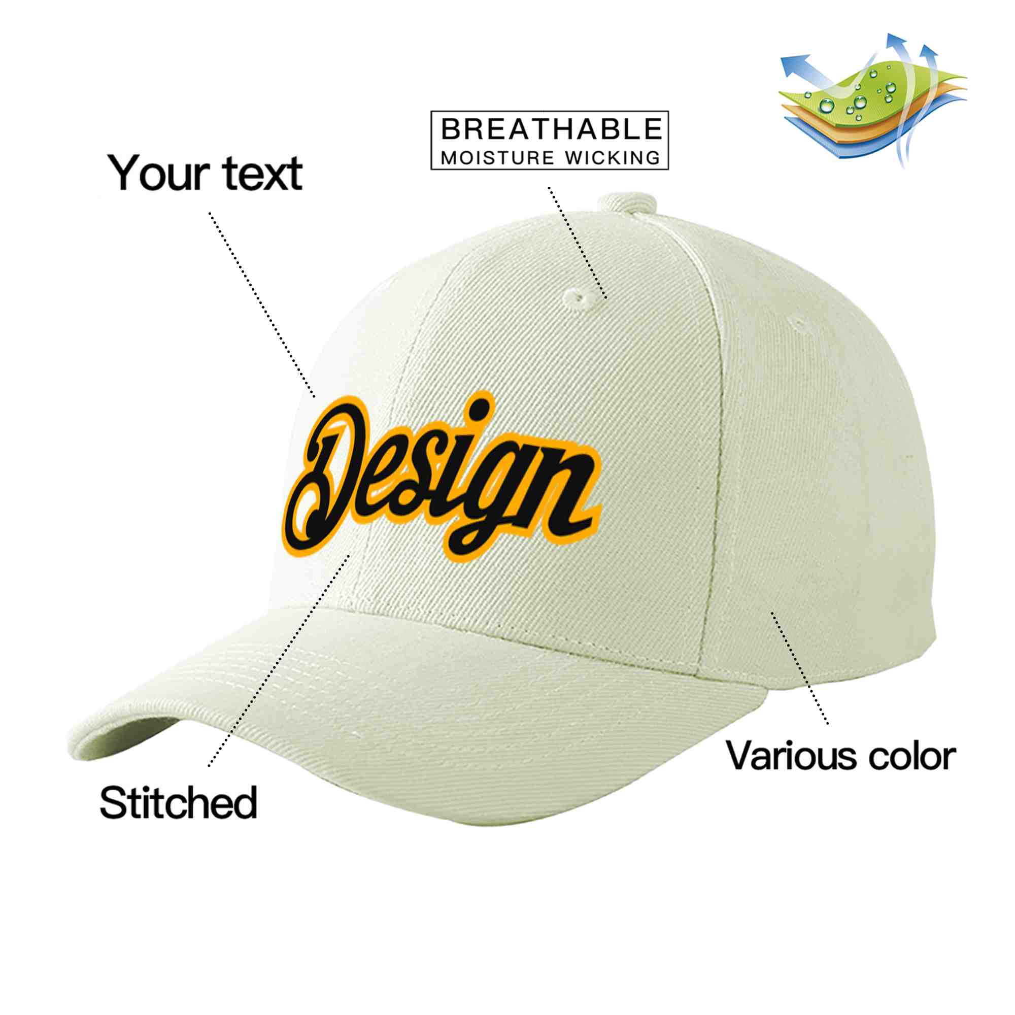 Custom Cream Black-Yellow Curved Eaves Sport Design Baseball Cap