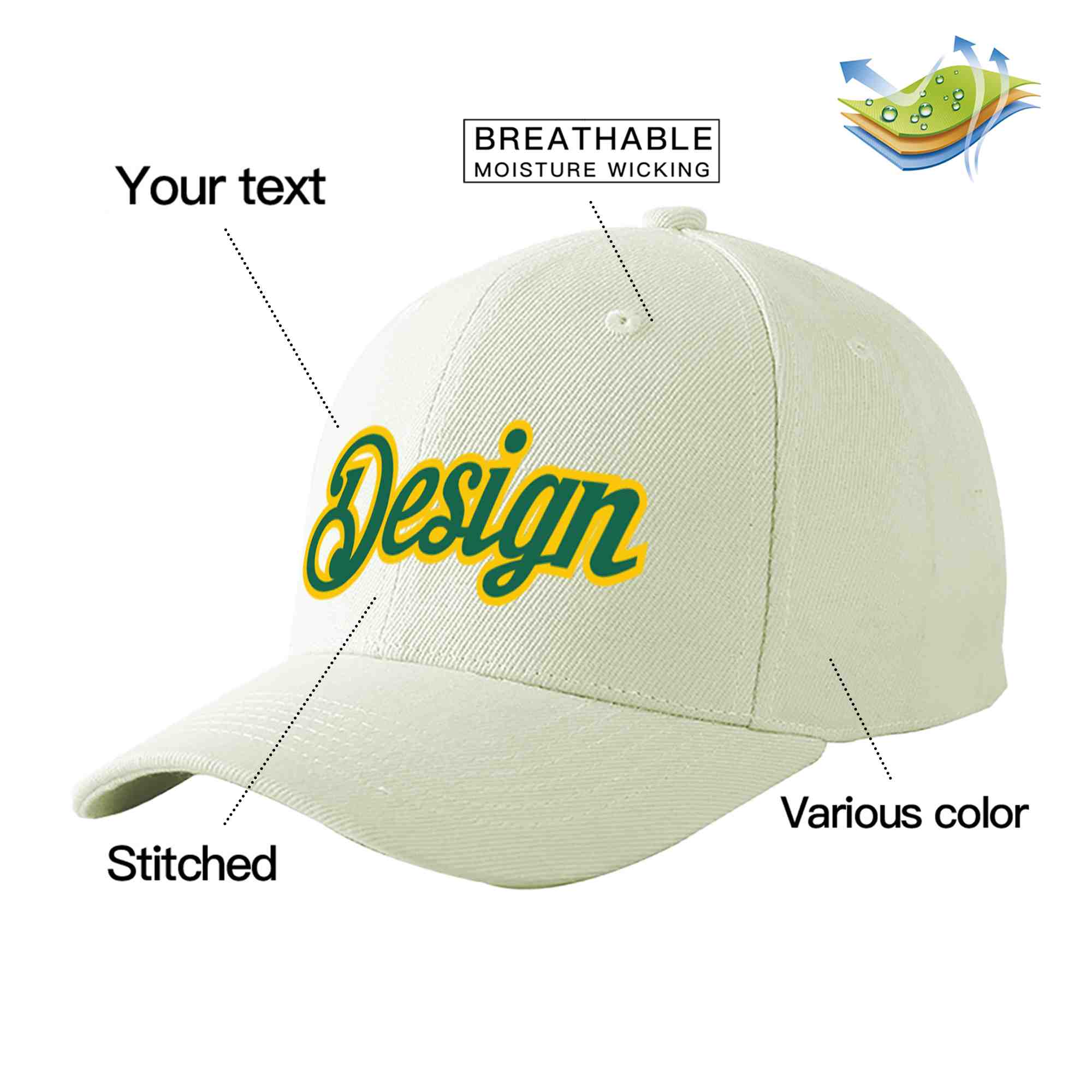 Custom Cream Kelly Green-Gold Curved Eaves Sport Design Baseball Cap