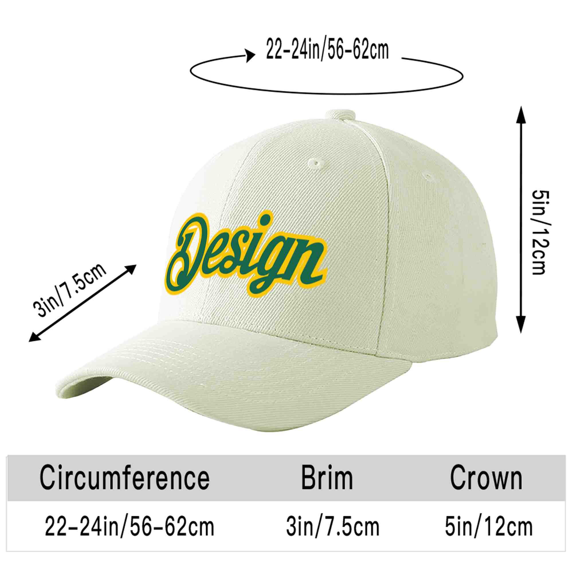 Custom Cream Kelly Green-Gold Curved Eaves Sport Design Baseball Cap