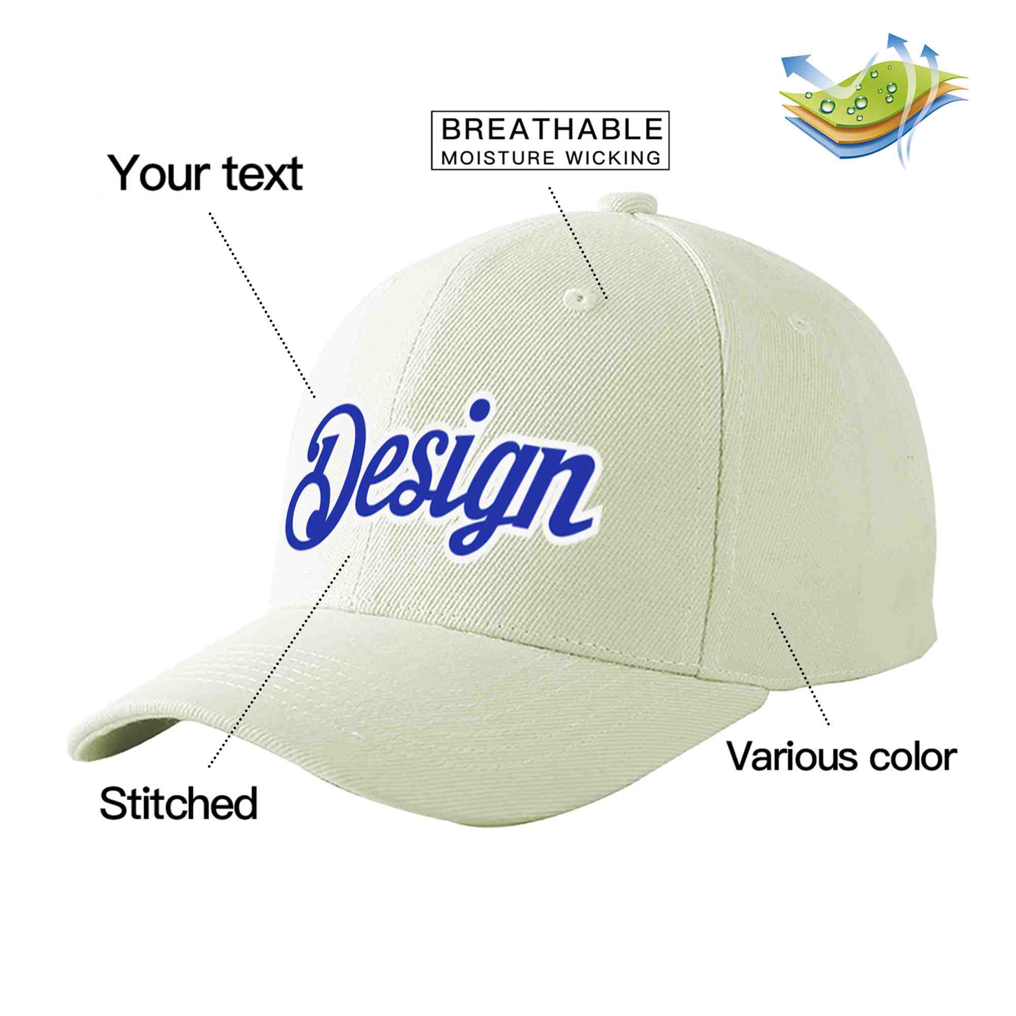 Custom Cream Royal-White Curved Eaves Sport Design Baseball Cap