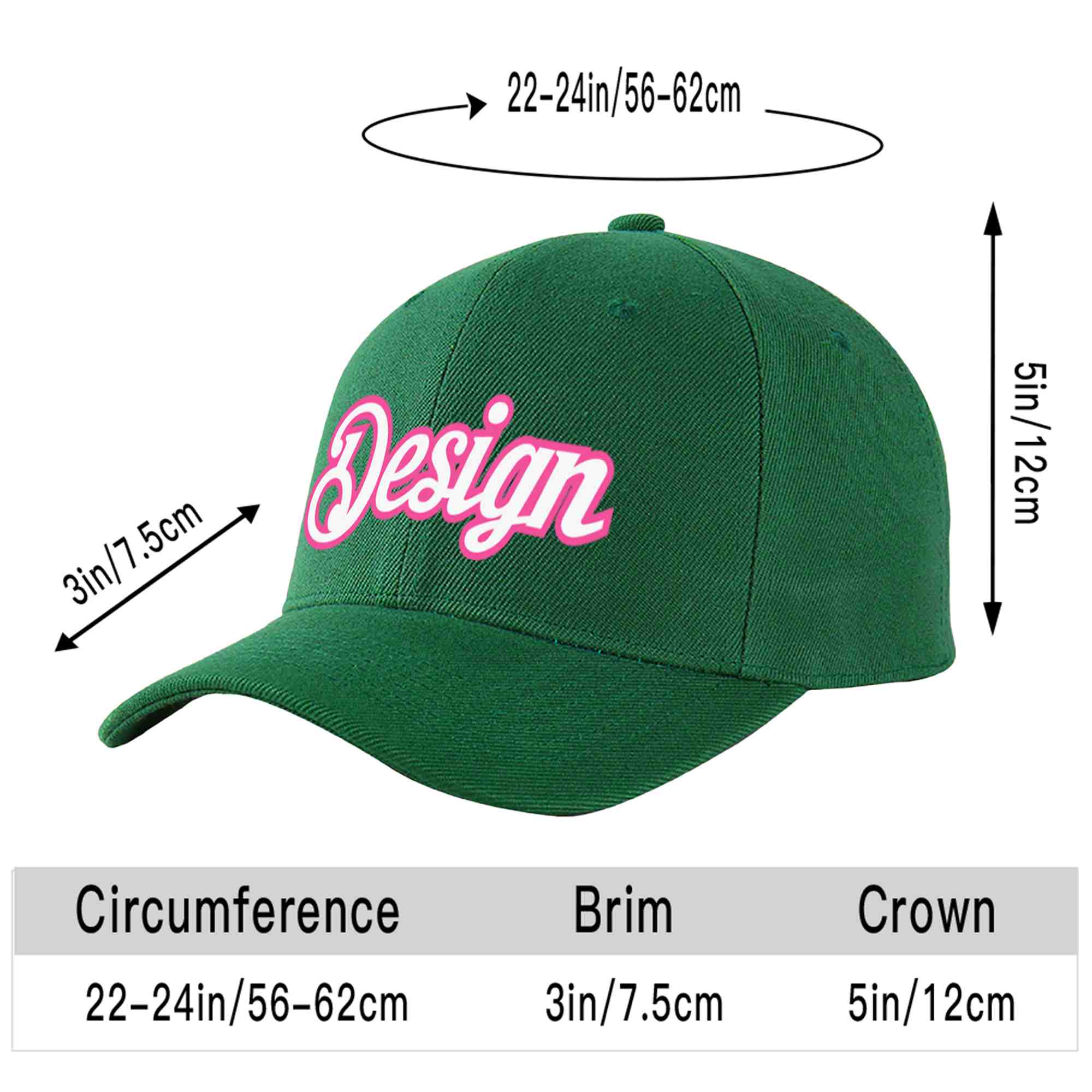 Casquette de baseball incurvée personnalisée vert blanc-rose avec avant-toit