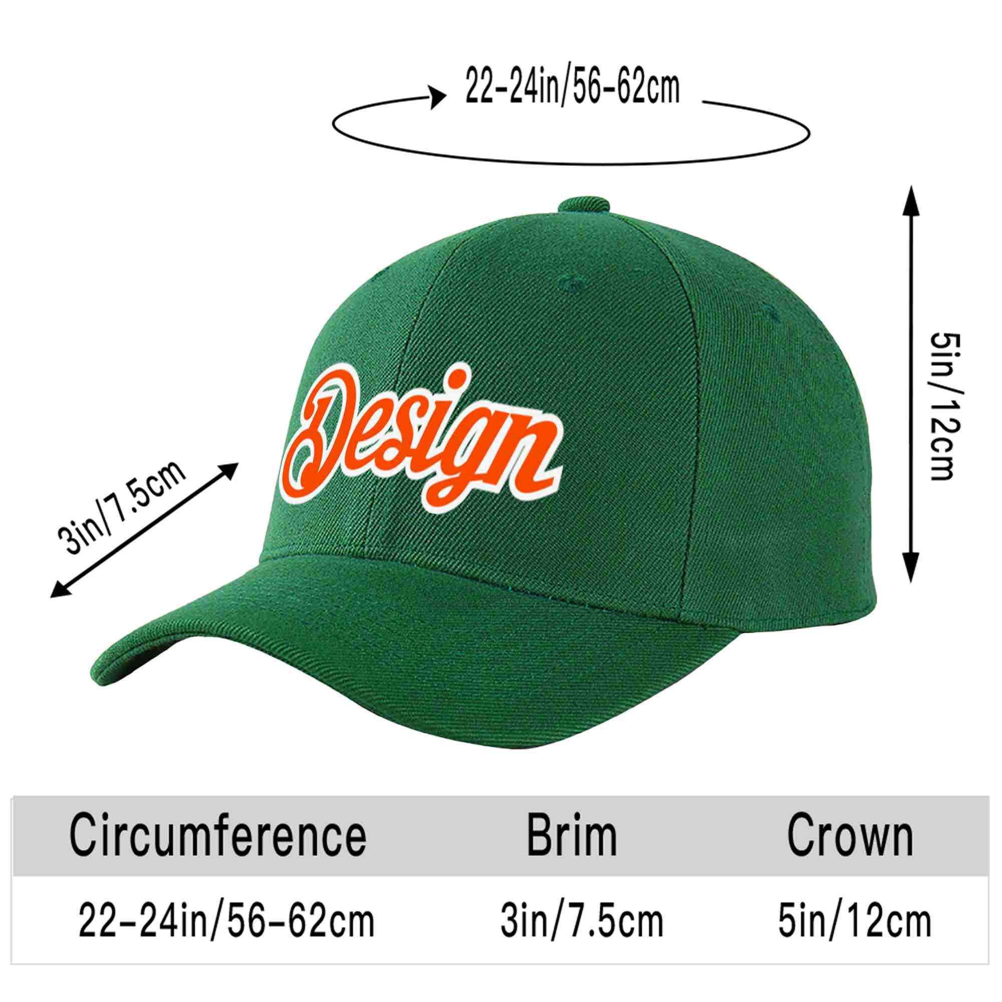 Casquette de baseball incurvée personnalisée vert orange-blanc avec avant-toit