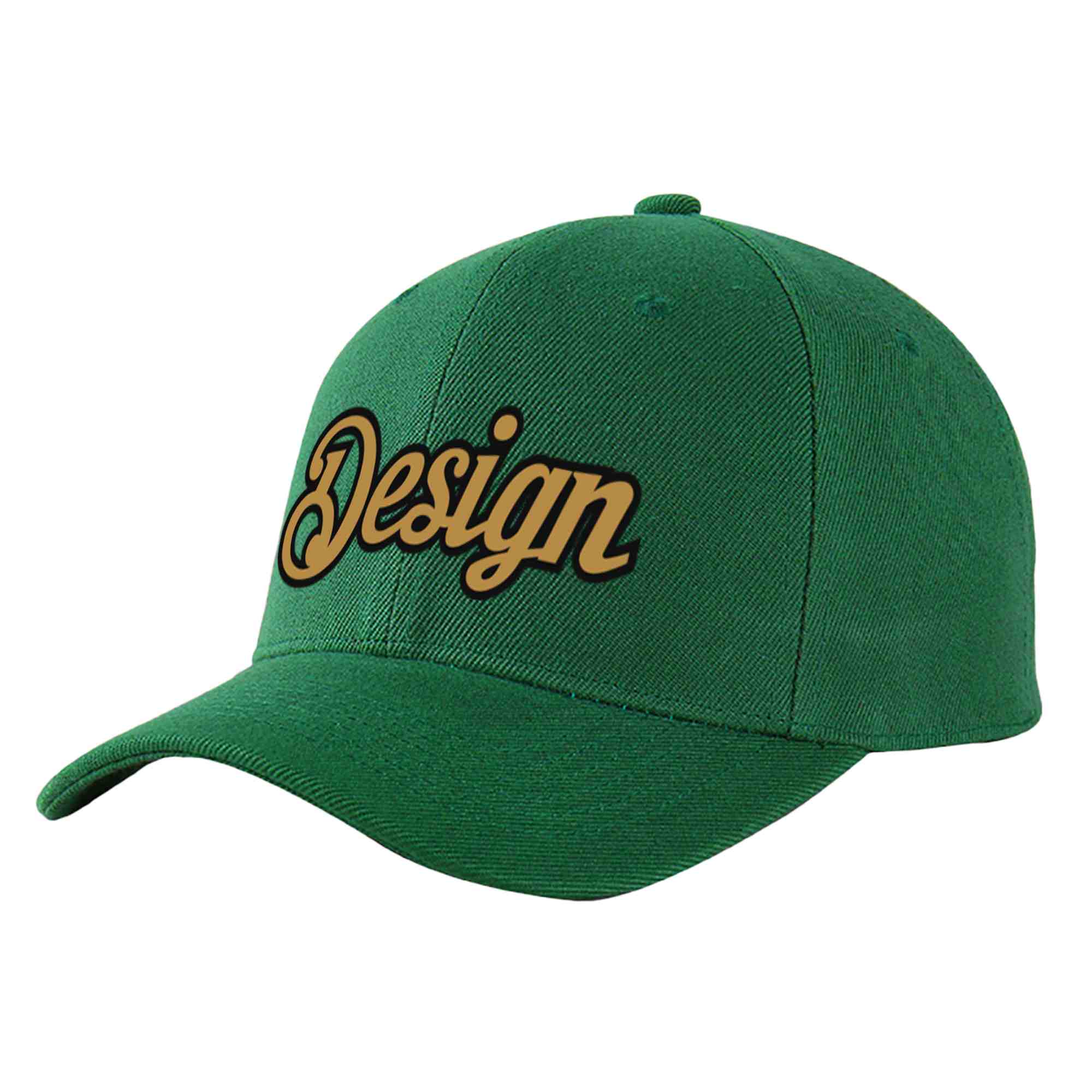 Casquette de baseball personnalisée verte, vieux or et noir, design sportif, avec avant-toit incurvé