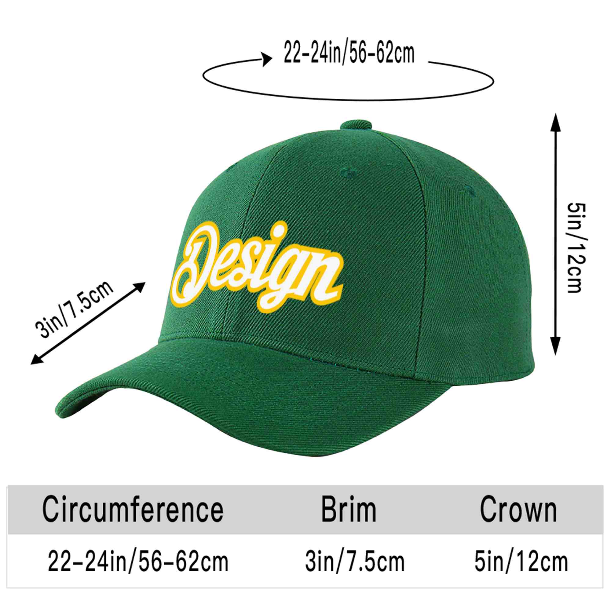 Custom Green White-Gold Curved Eaves Sport Design Baseball Cap