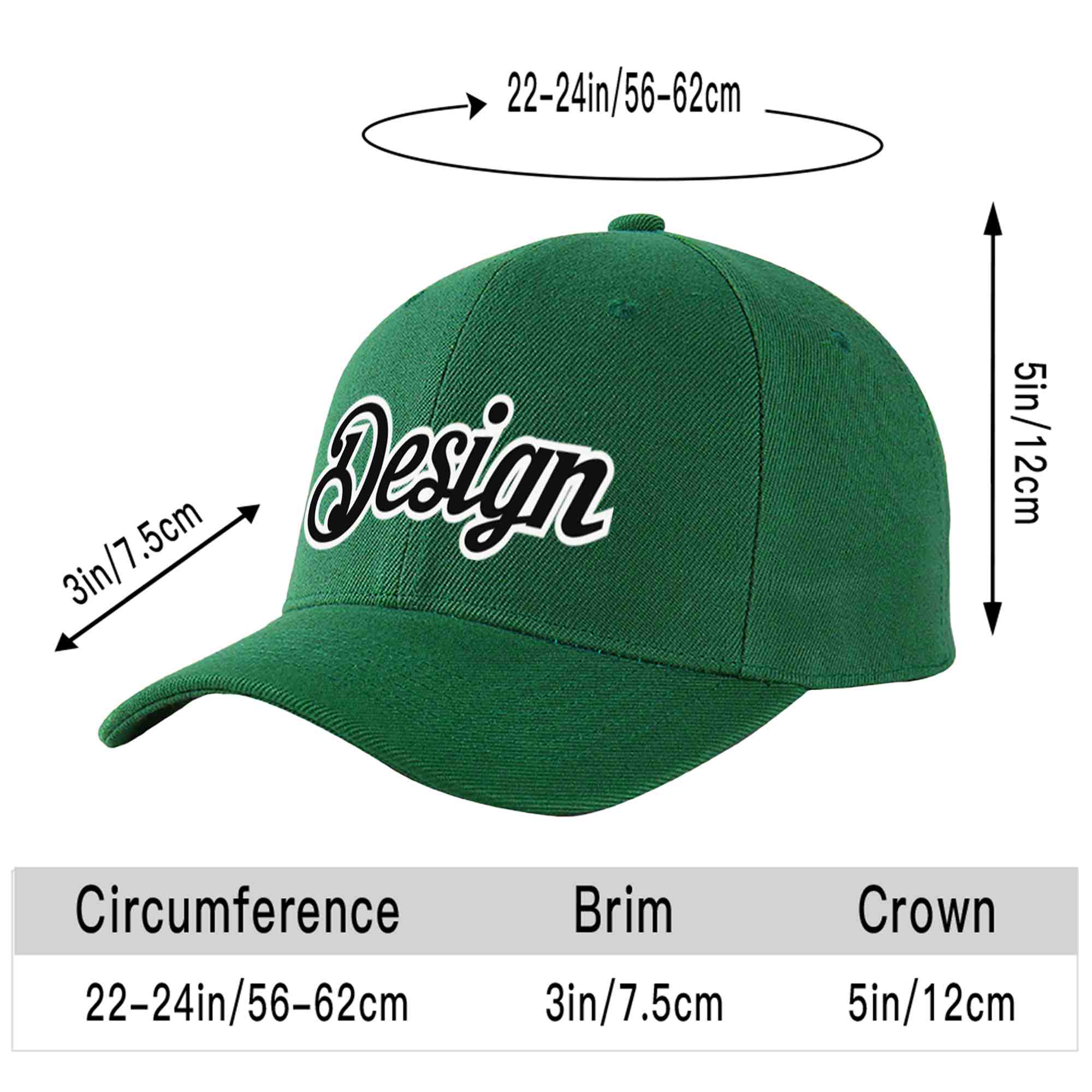 Custom Green Black-White Curved Eaves Sport Design Baseball Cap