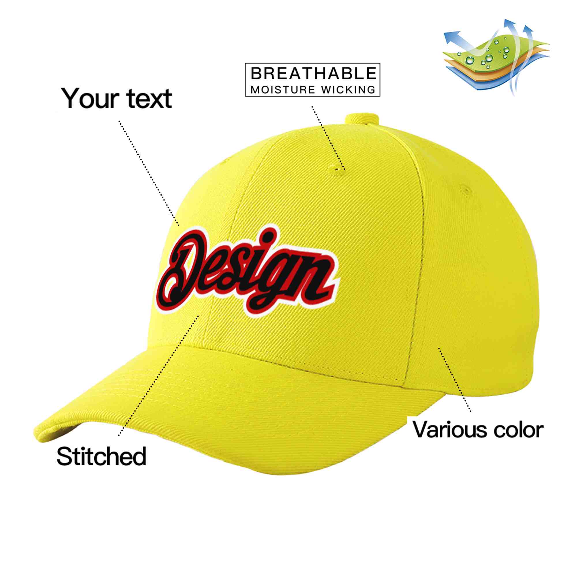 Casquette de baseball personnalisée jaune noir-rouge avec avant-toit incurvé