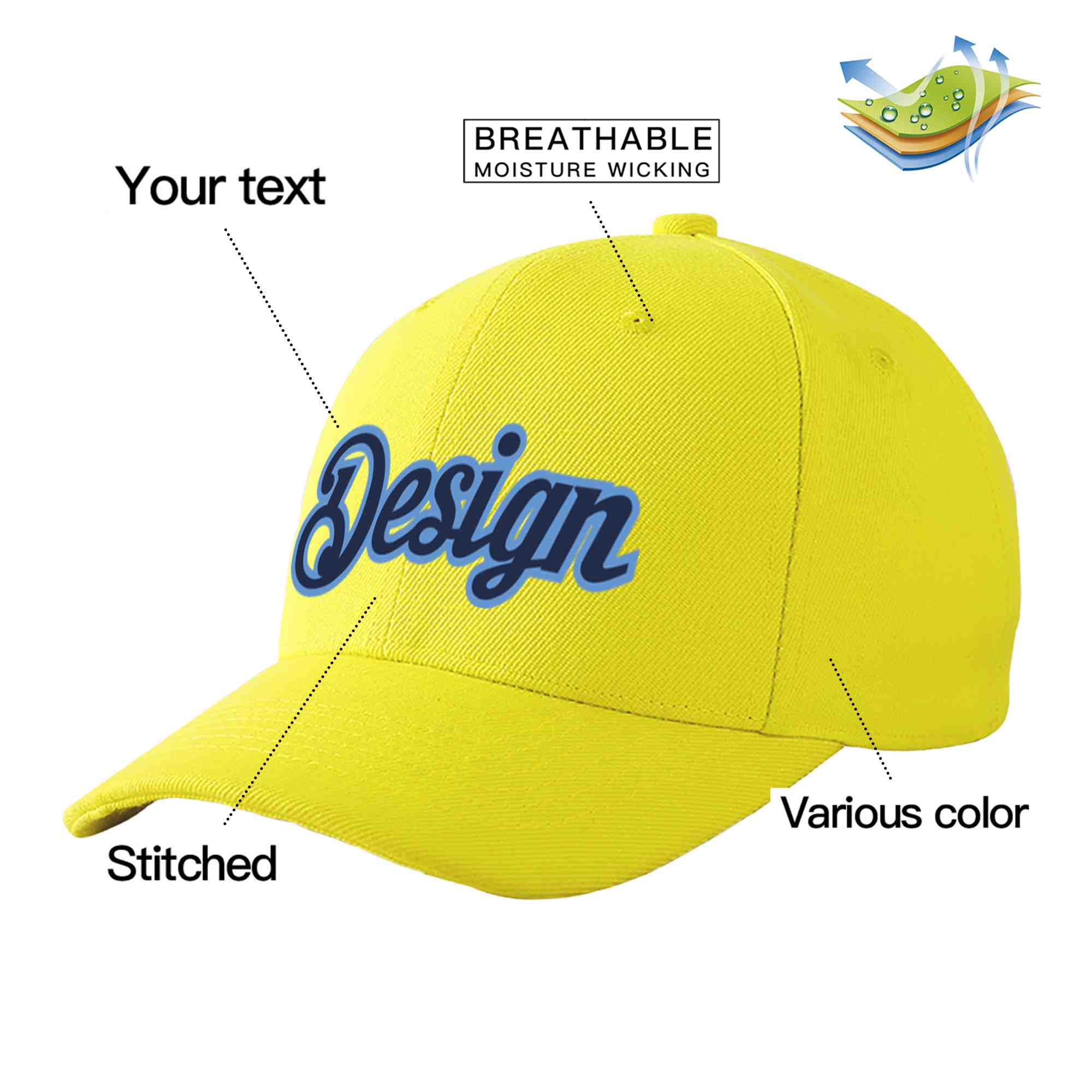 Custom Yellow Navy-Light Blue Curved Eaves Sport Design Baseball Cap