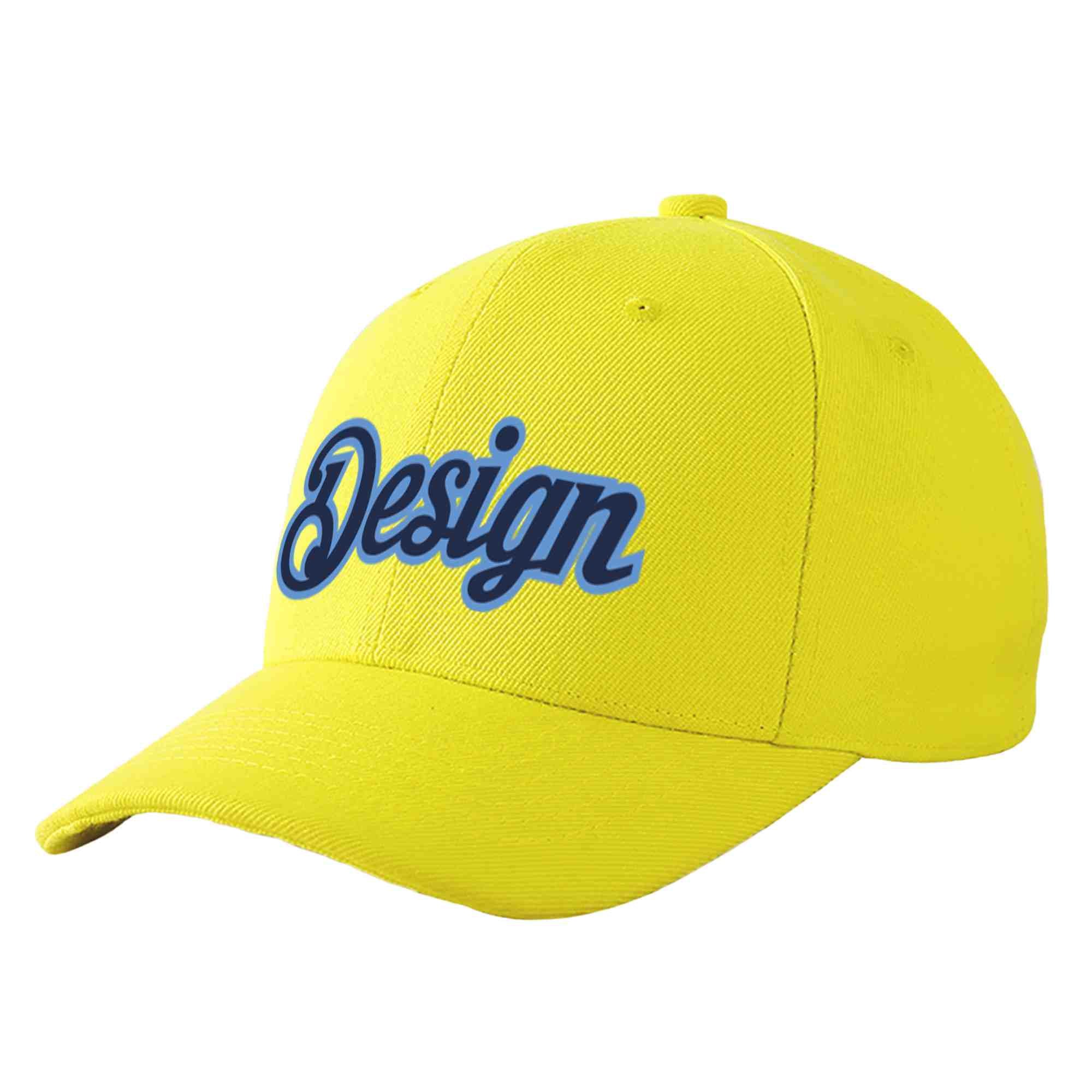 Custom Yellow Navy-Light Blue Curved Eaves Sport Design Baseball Cap