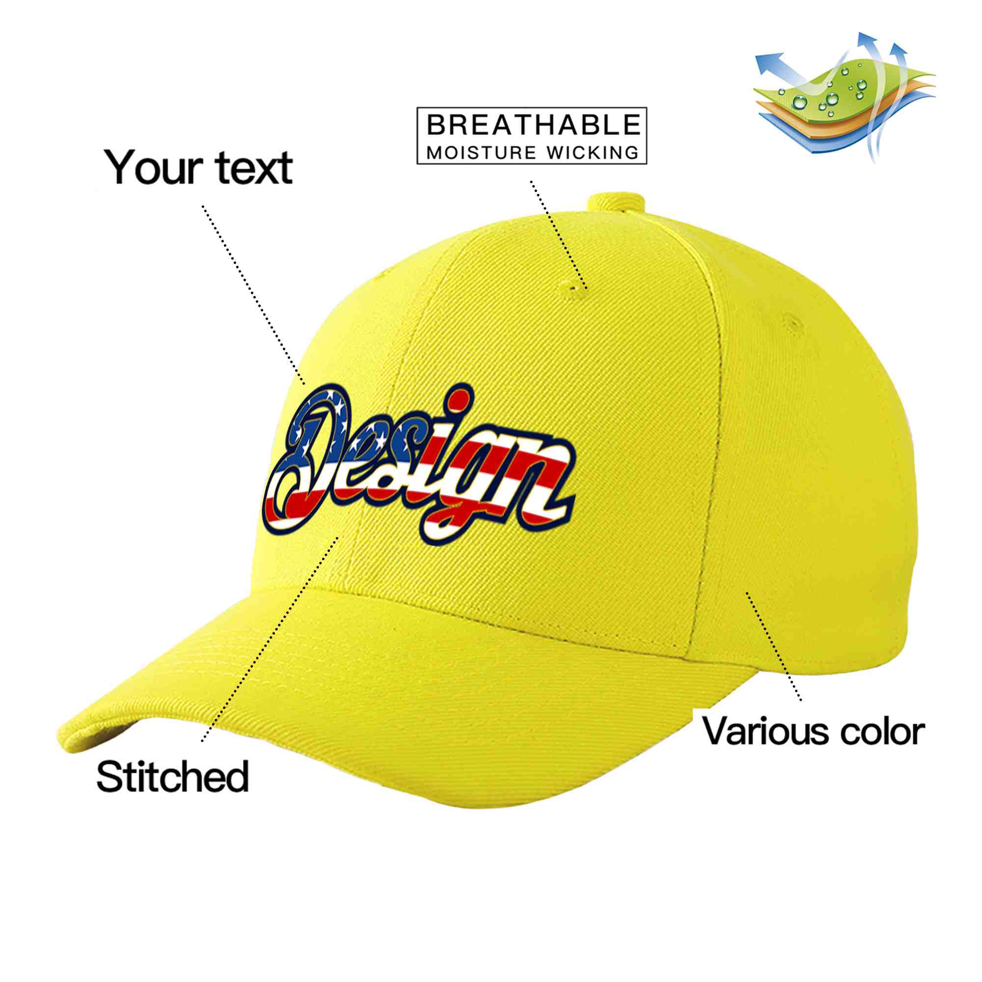 Casquette de baseball personnalisée avec drapeau américain vintage jaune et or avec avant-toit incurvé et design sportif