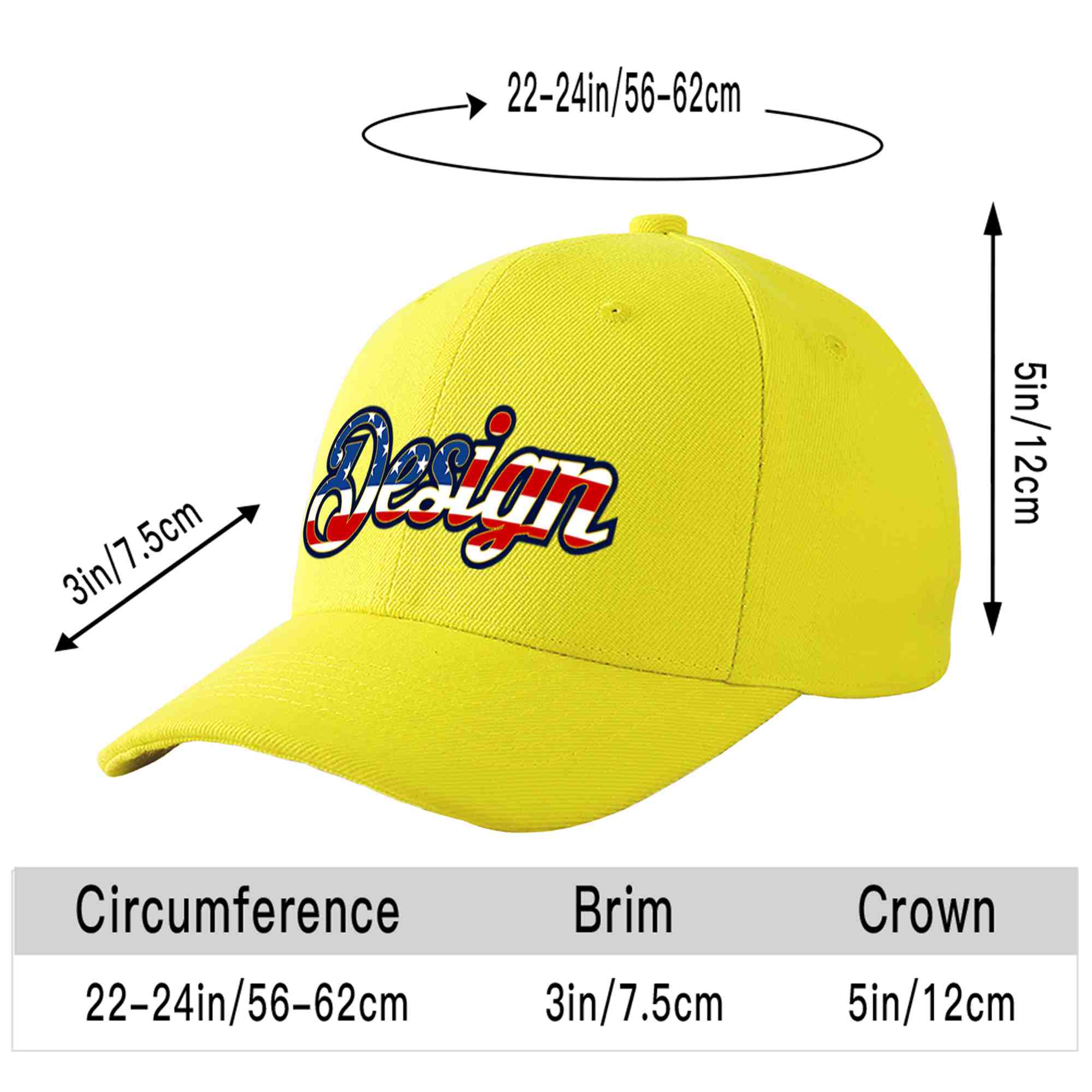 Casquette de baseball personnalisée avec drapeau américain vintage jaune et or avec avant-toit incurvé et design sportif