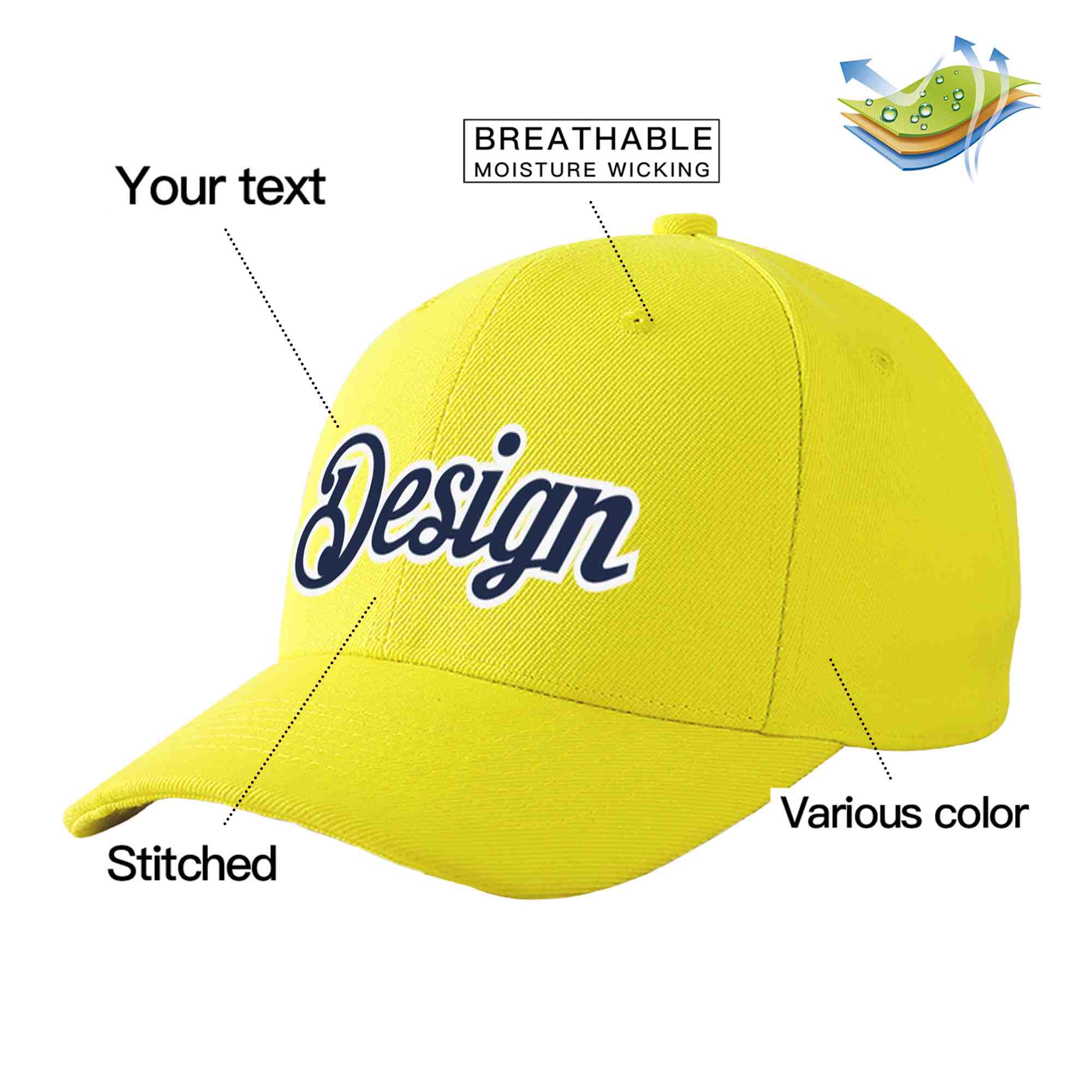 Casquette de baseball personnalisée jaune marine-blanc avec avant-toit incurvé