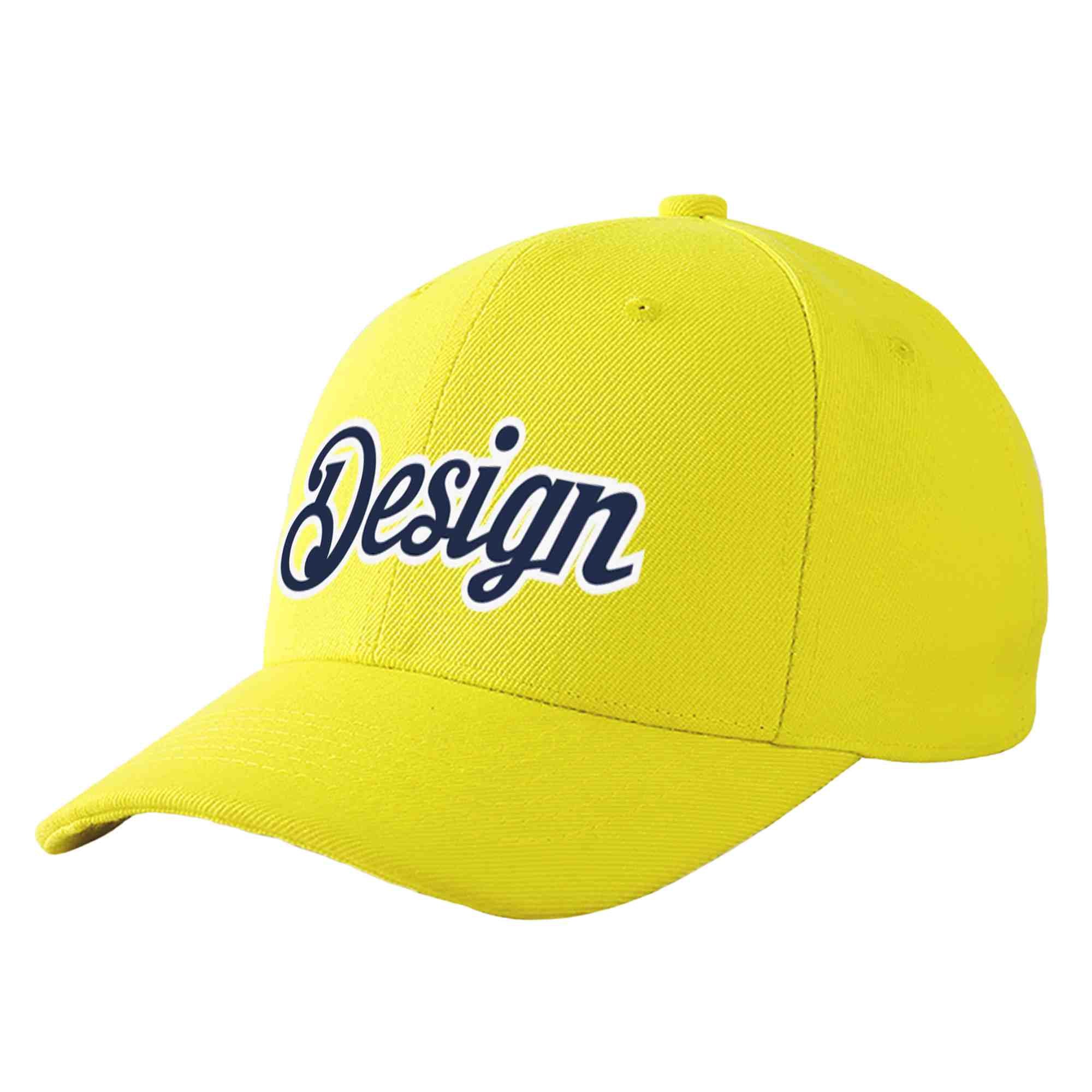 Custom Yellow Navy-White Curved Eaves Sport Design Baseball Cap