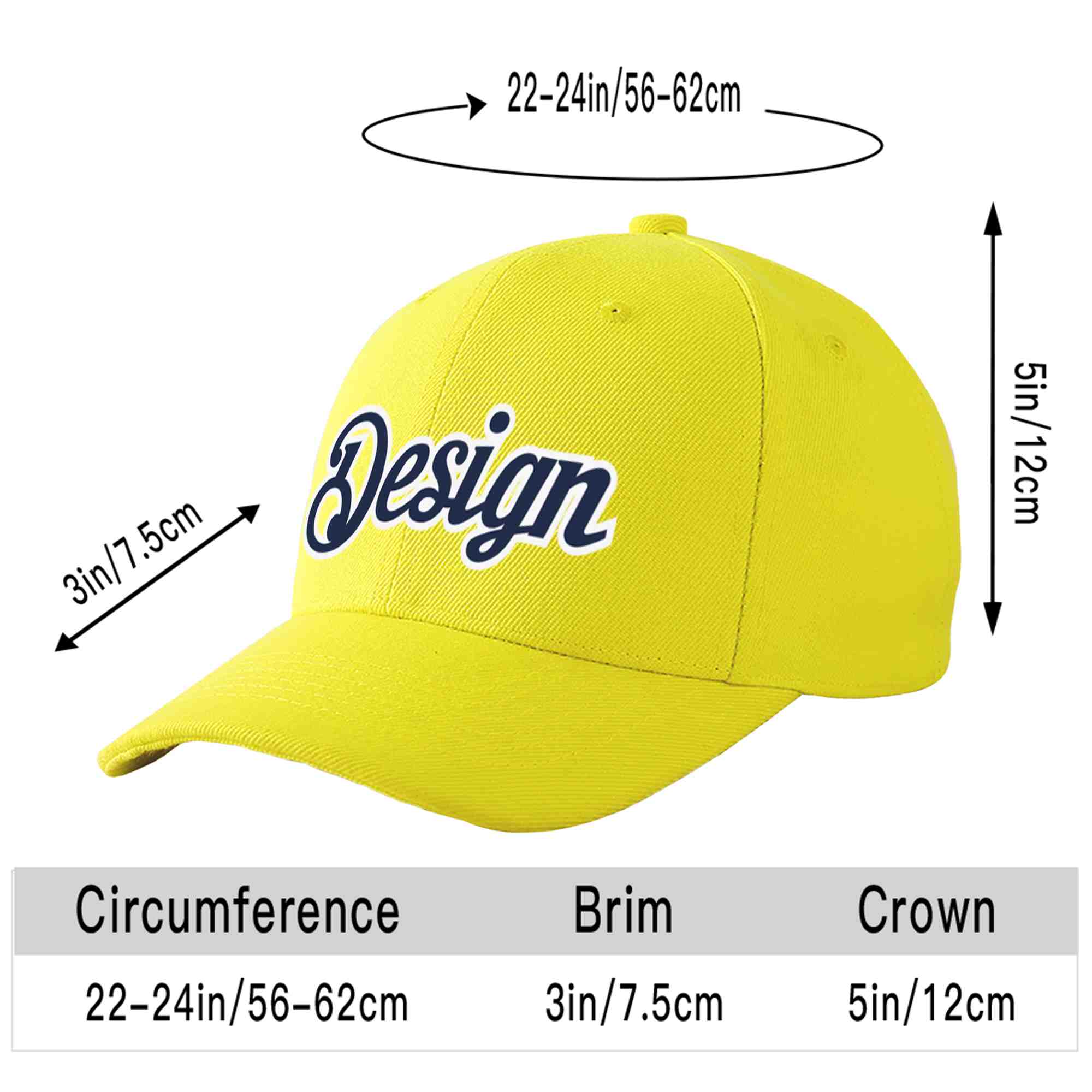 Casquette de baseball personnalisée jaune marine-blanc avec avant-toit incurvé