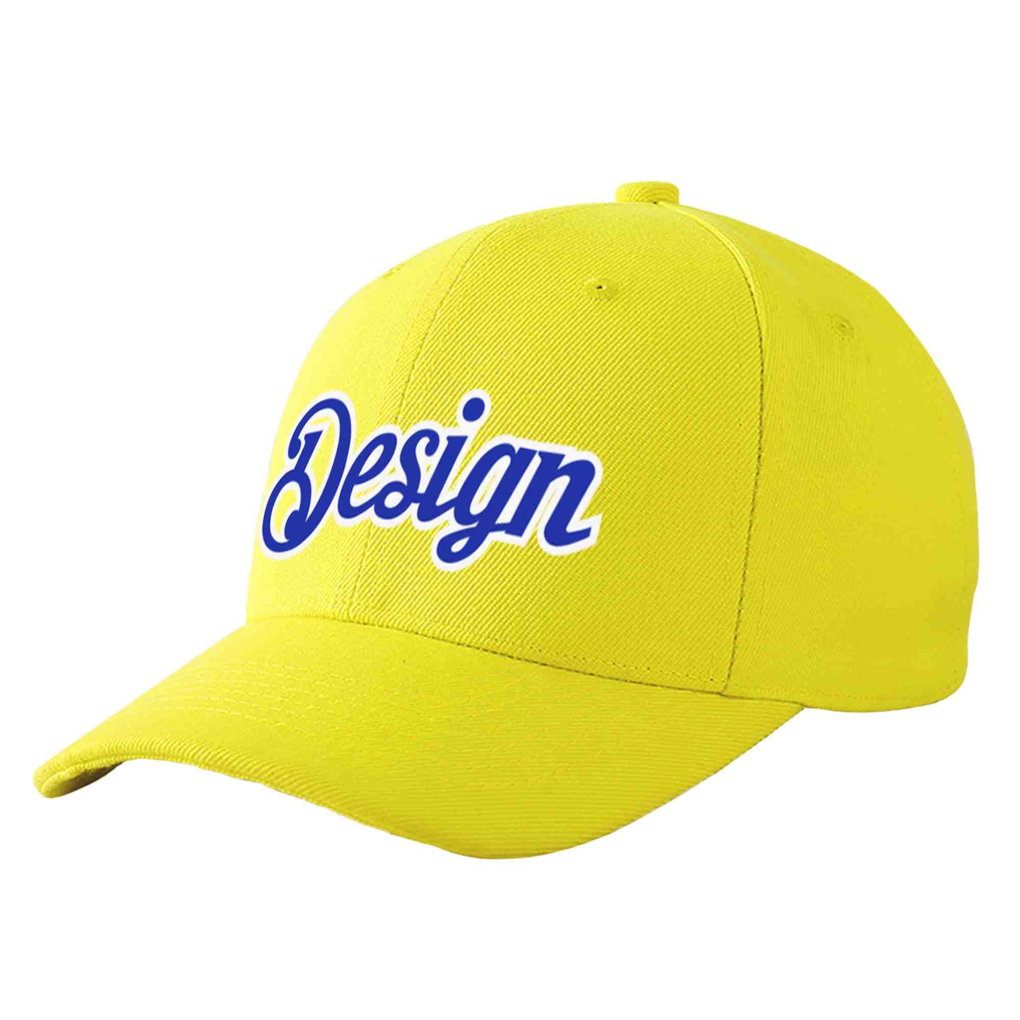 Casquette de baseball personnalisée jaune blanc-royal incurvée Eaves Sport Design