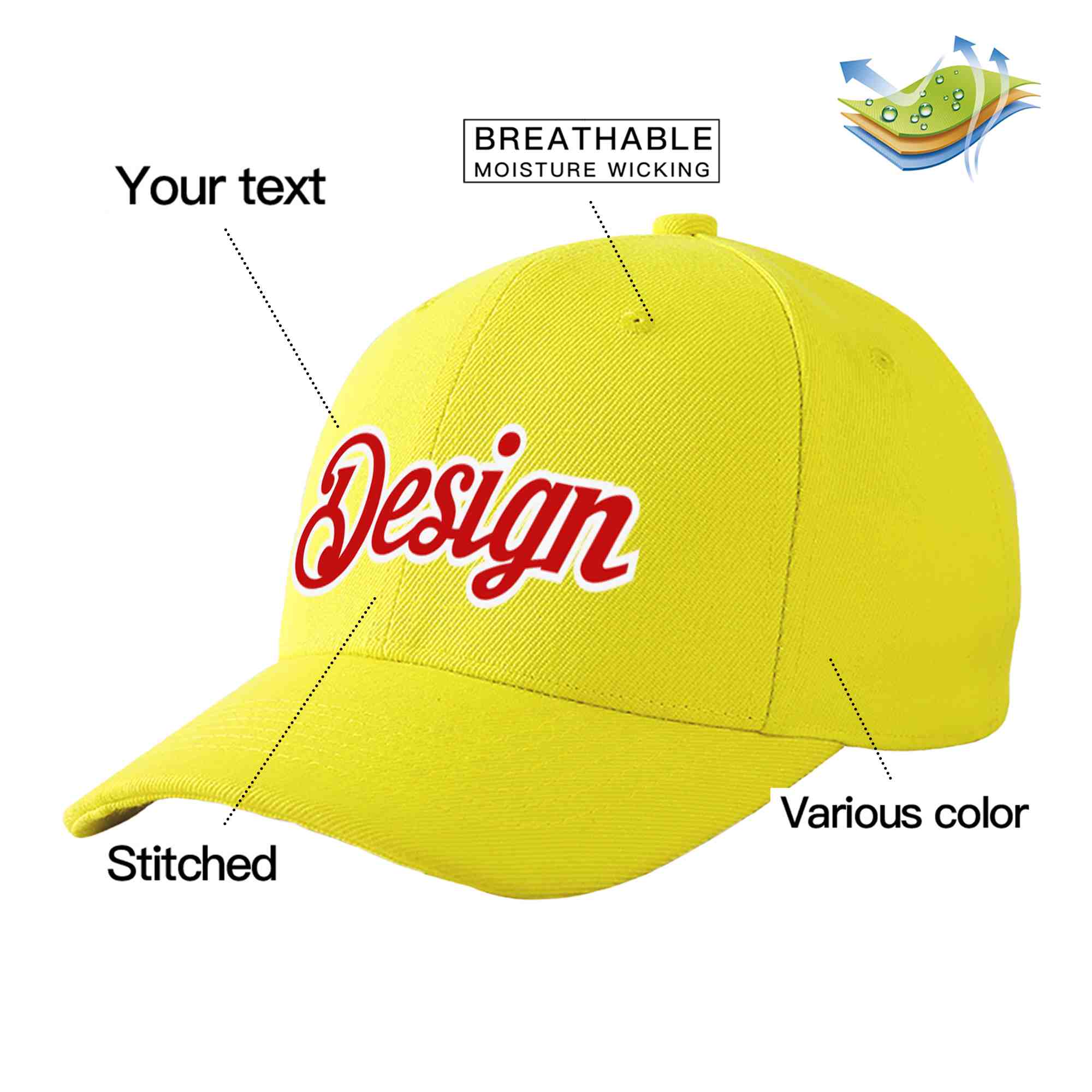 Casquette de baseball personnalisée jaune rouge-blanc avec avant-toit incurvé