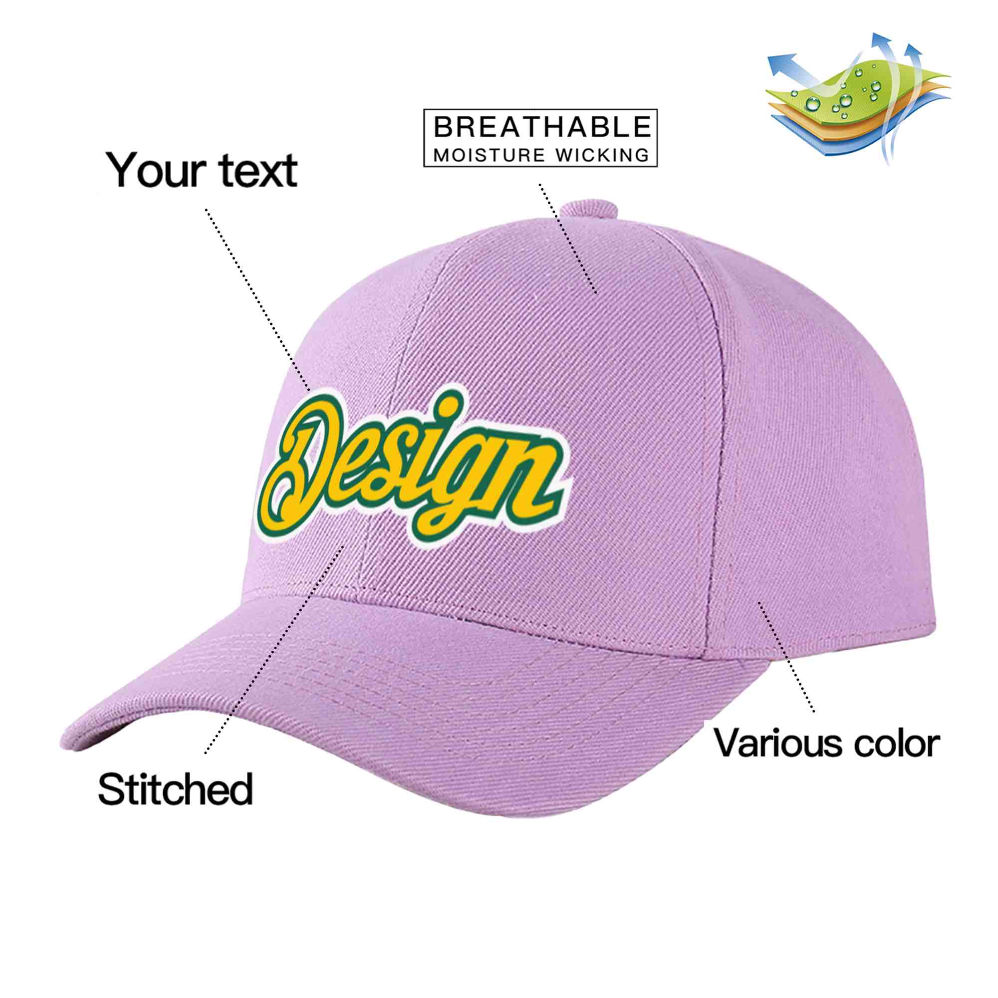 Custom Light Purple Gold-Kelly Green Curved Eaves Sport Design Baseball Cap