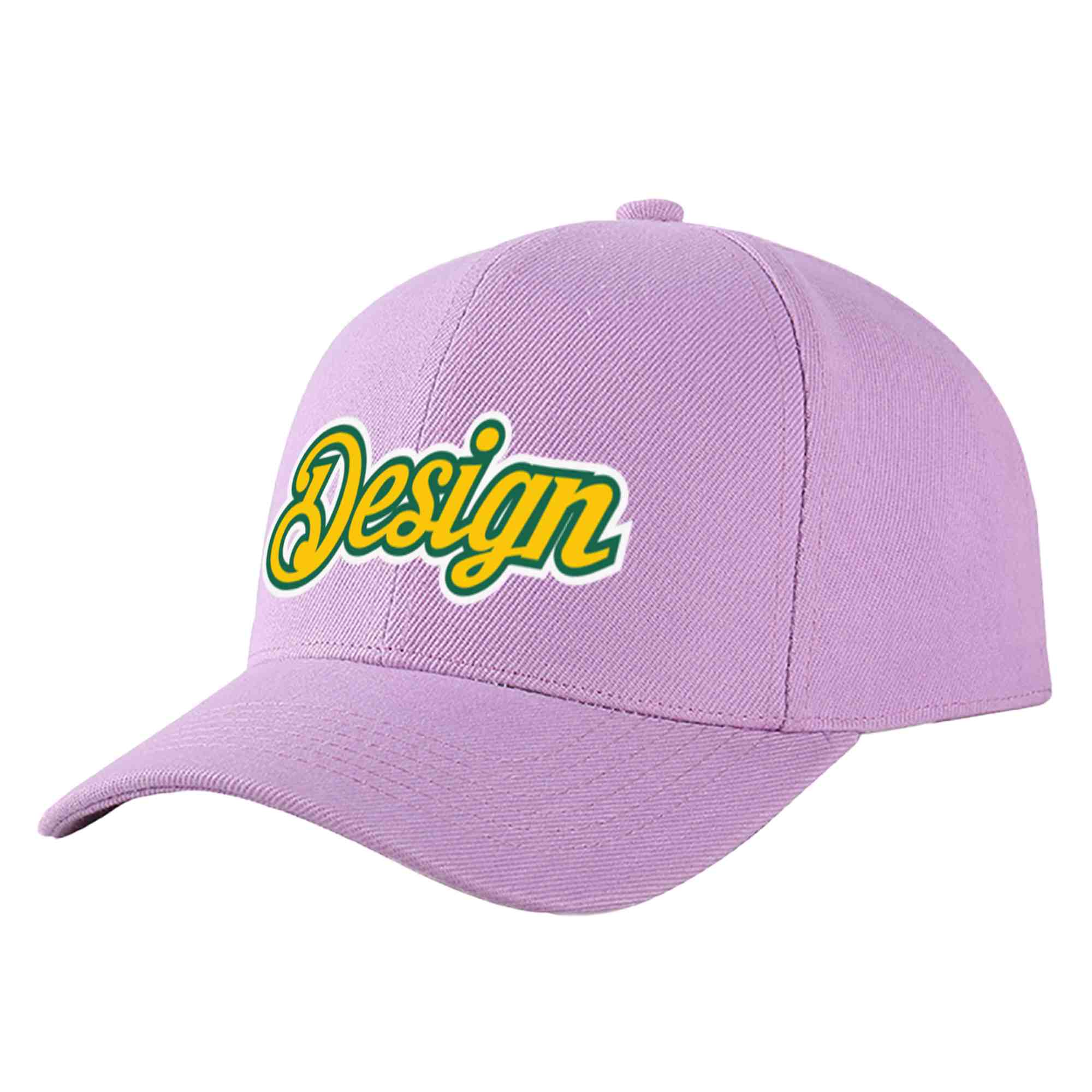 Custom Light Purple Gold-Kelly Green Curved Eaves Sport Design Baseball Cap