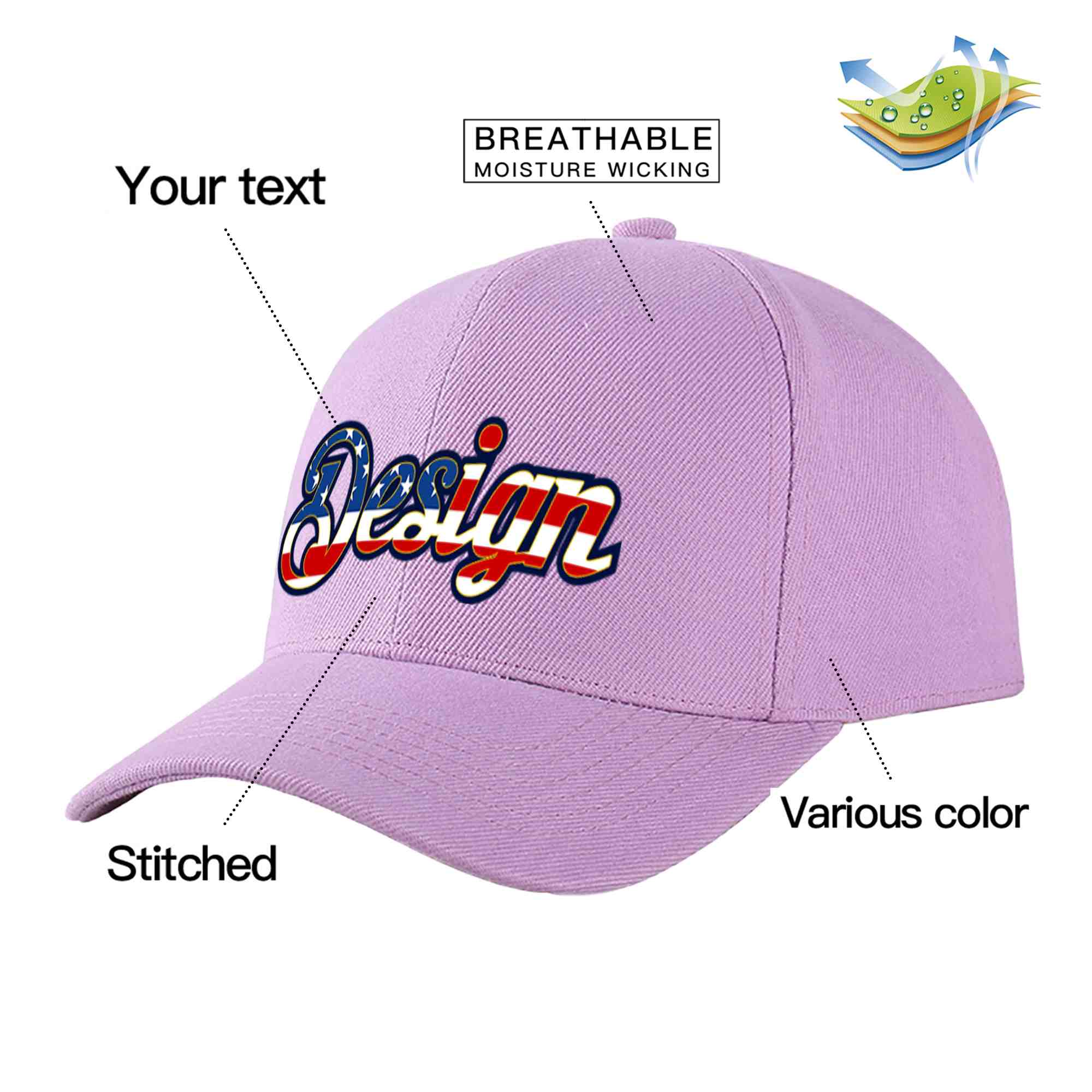 Custom Light Purple Vintage USA Flag-Gold Curved Eaves Sport Design Baseball Cap