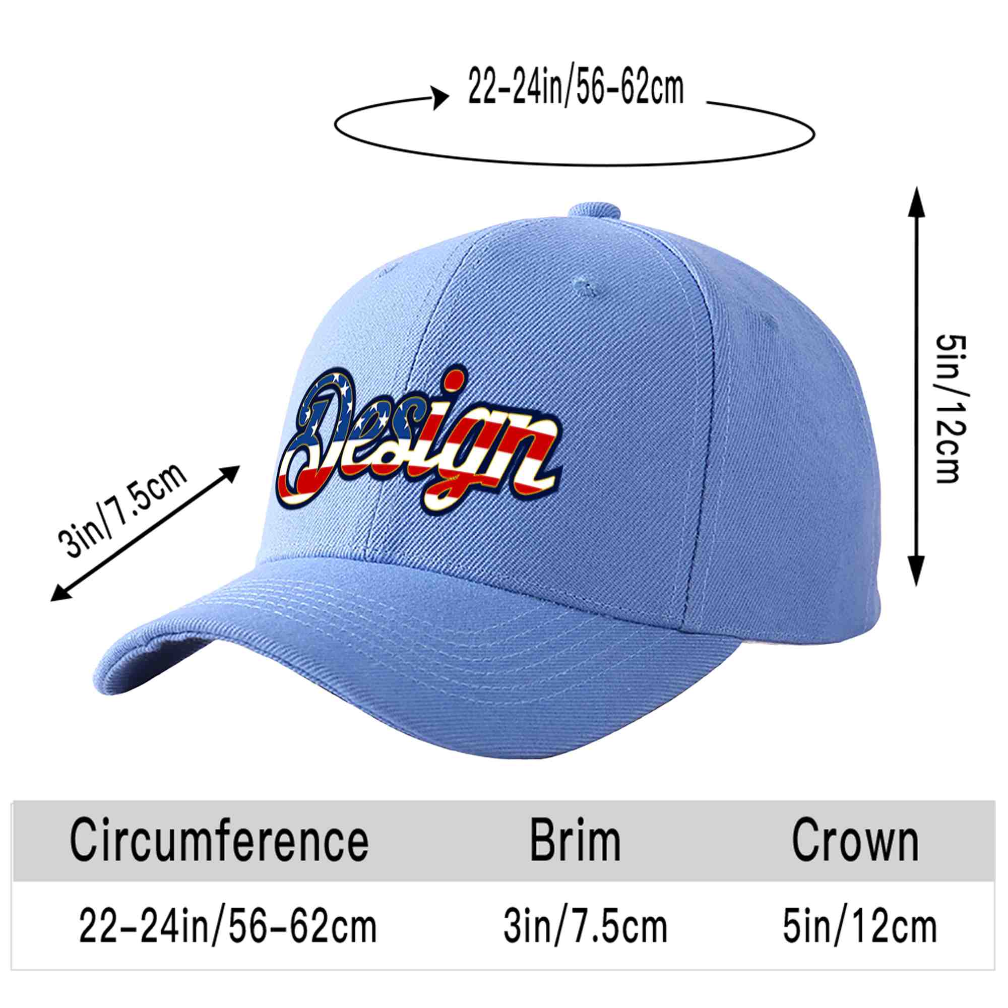 Casquette de baseball personnalisée, bleu ciel, drapeau américain Vintage, avant-toit incurvé doré, Design sportif