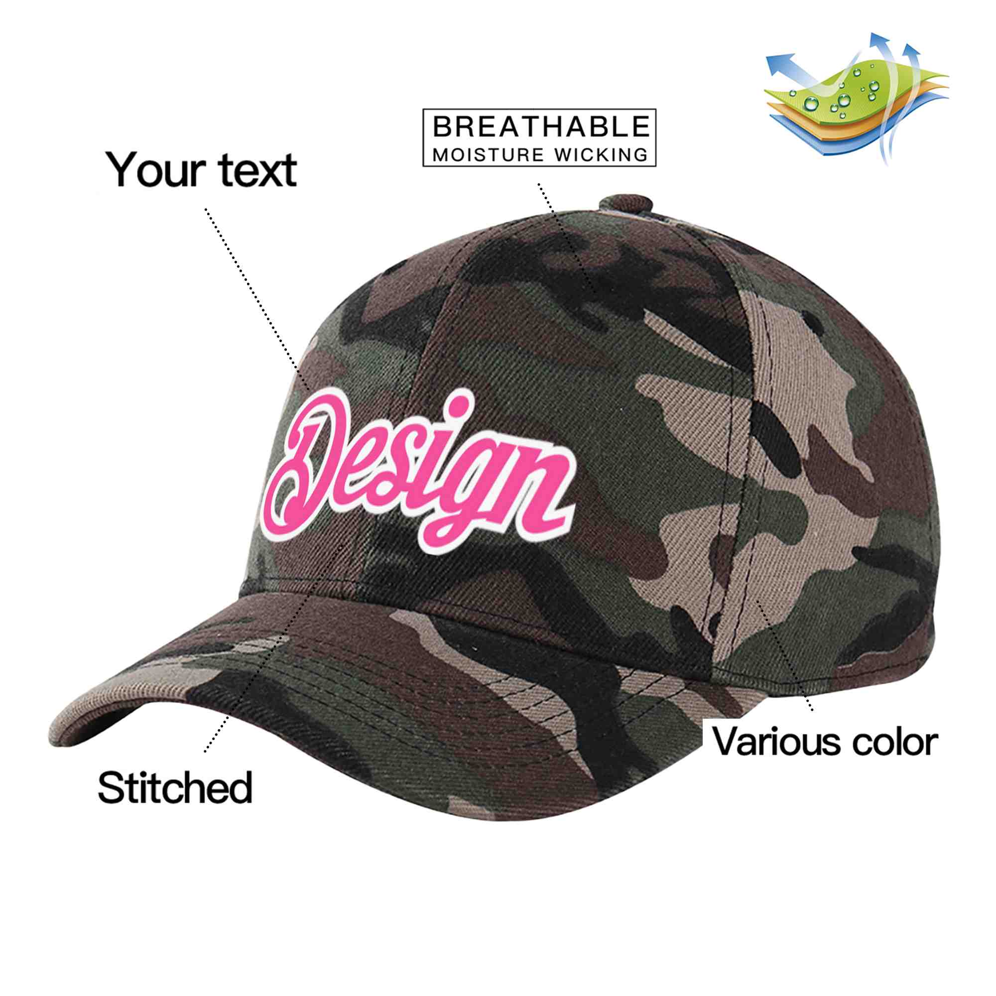 Custom Camo Pink-White Curved Eaves Sport Design Baseball Cap