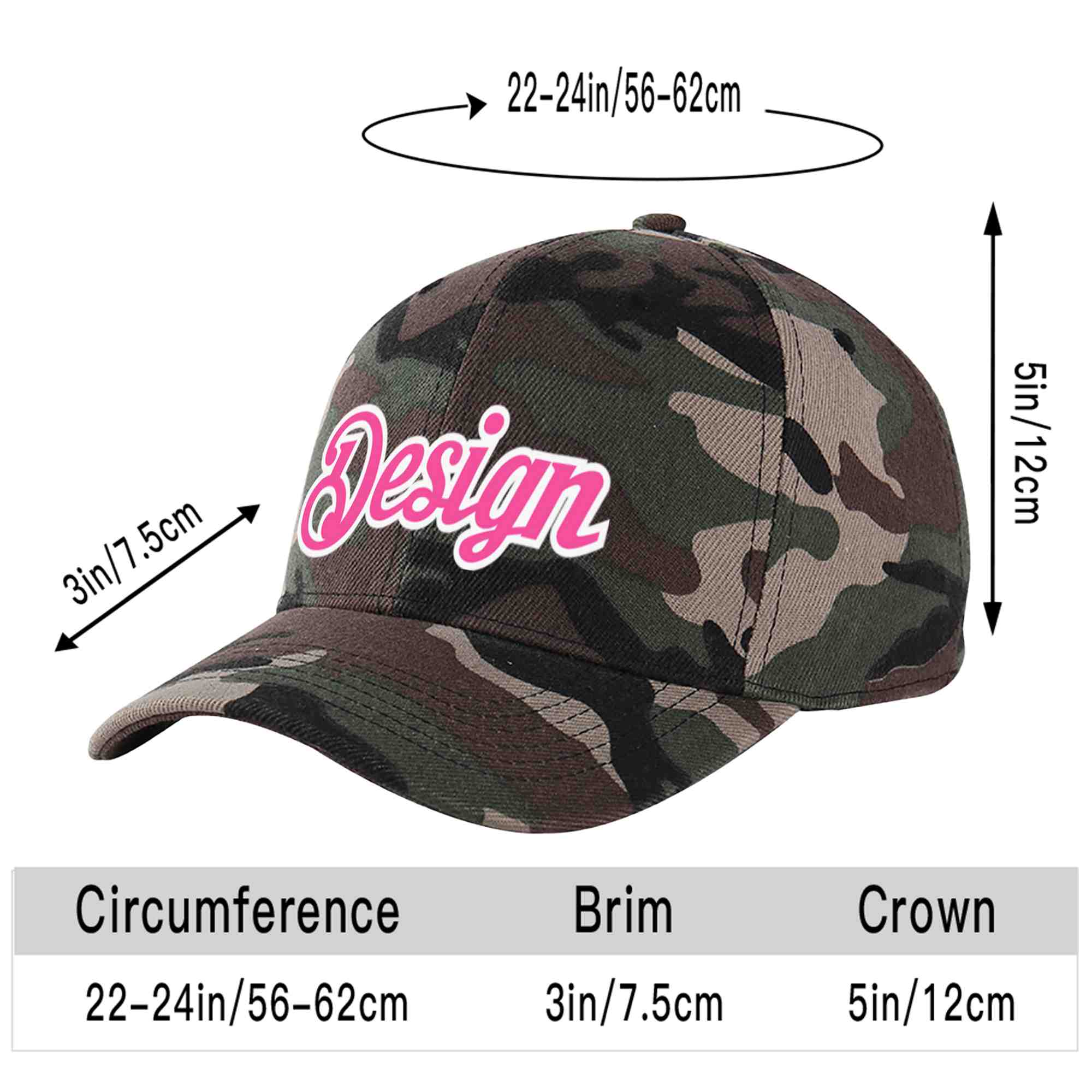 Custom Camo Pink-White Curved Eaves Sport Design Baseball Cap