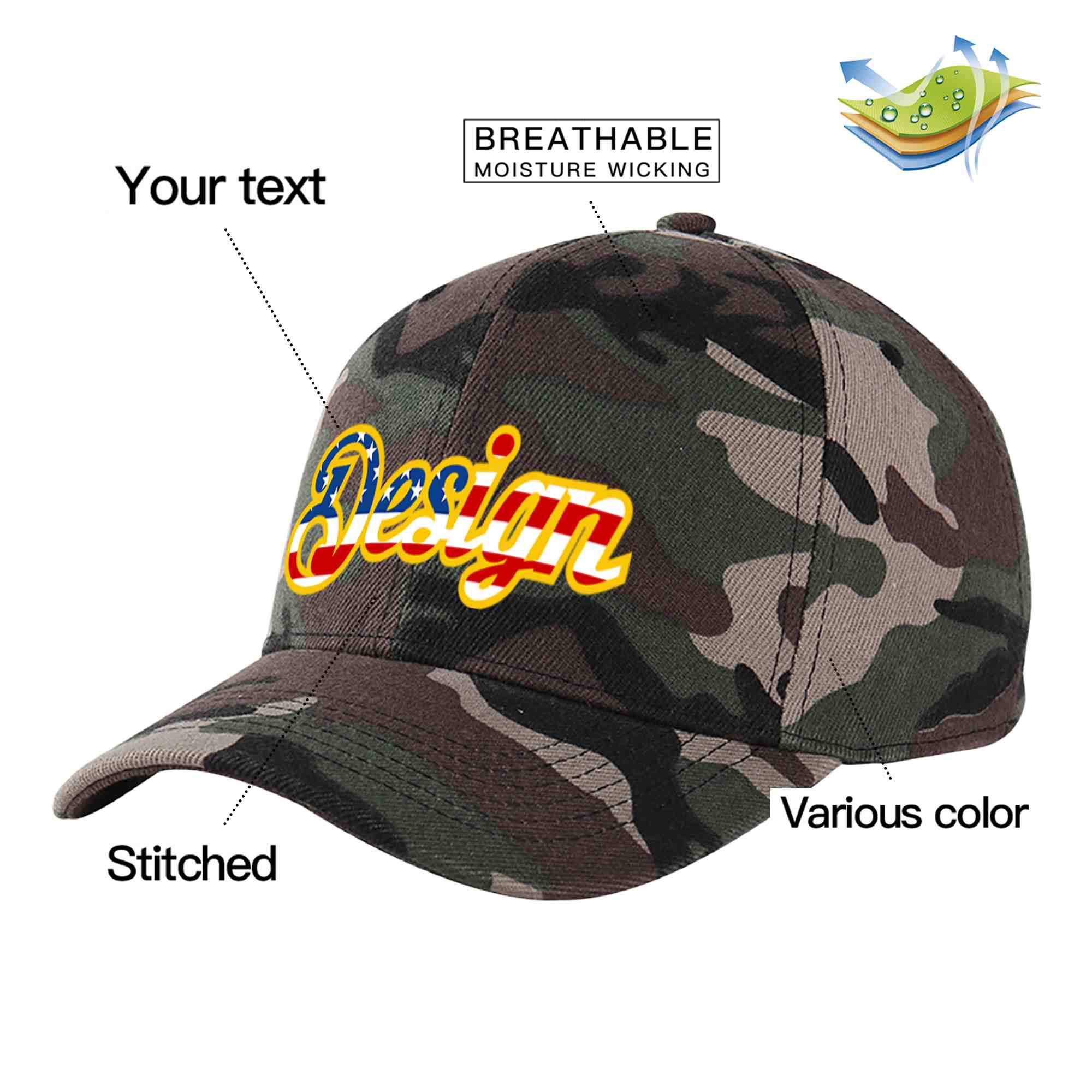 Custom Camo Vintage USA Flag-Gold Curved Eaves Sport Design Baseball Cap