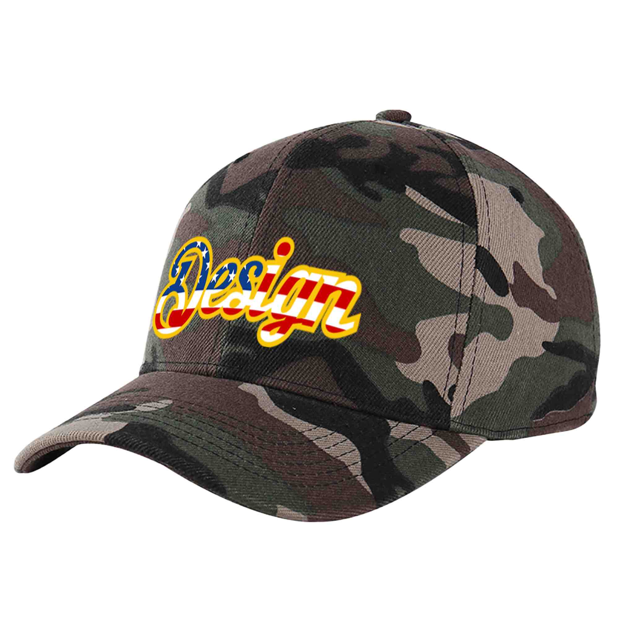 Custom Camo Vintage USA Flag-Gold Curved Eaves Sport Design Baseball Cap