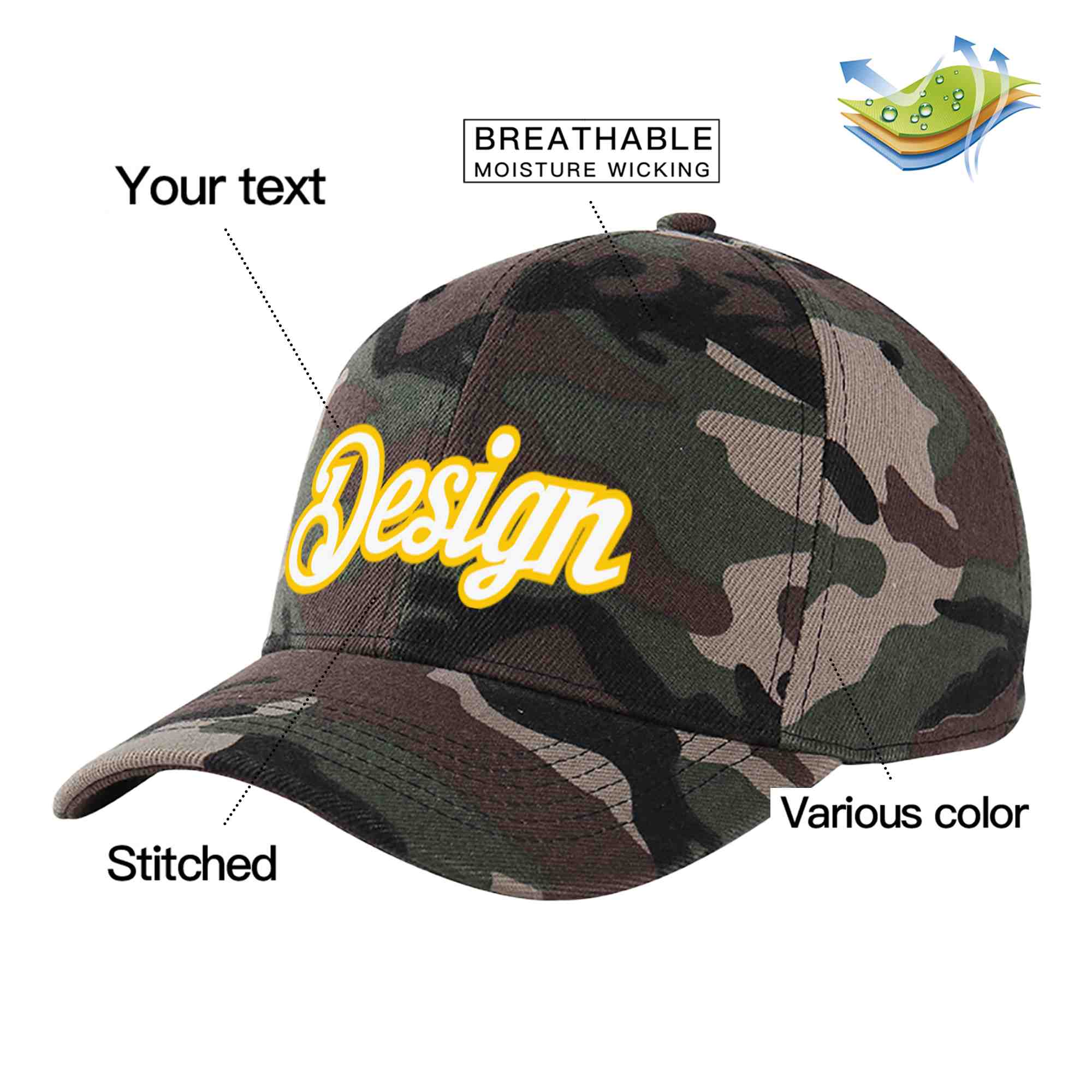 Custom Camo White-Gold Curved Eaves Sport Design Baseball Cap