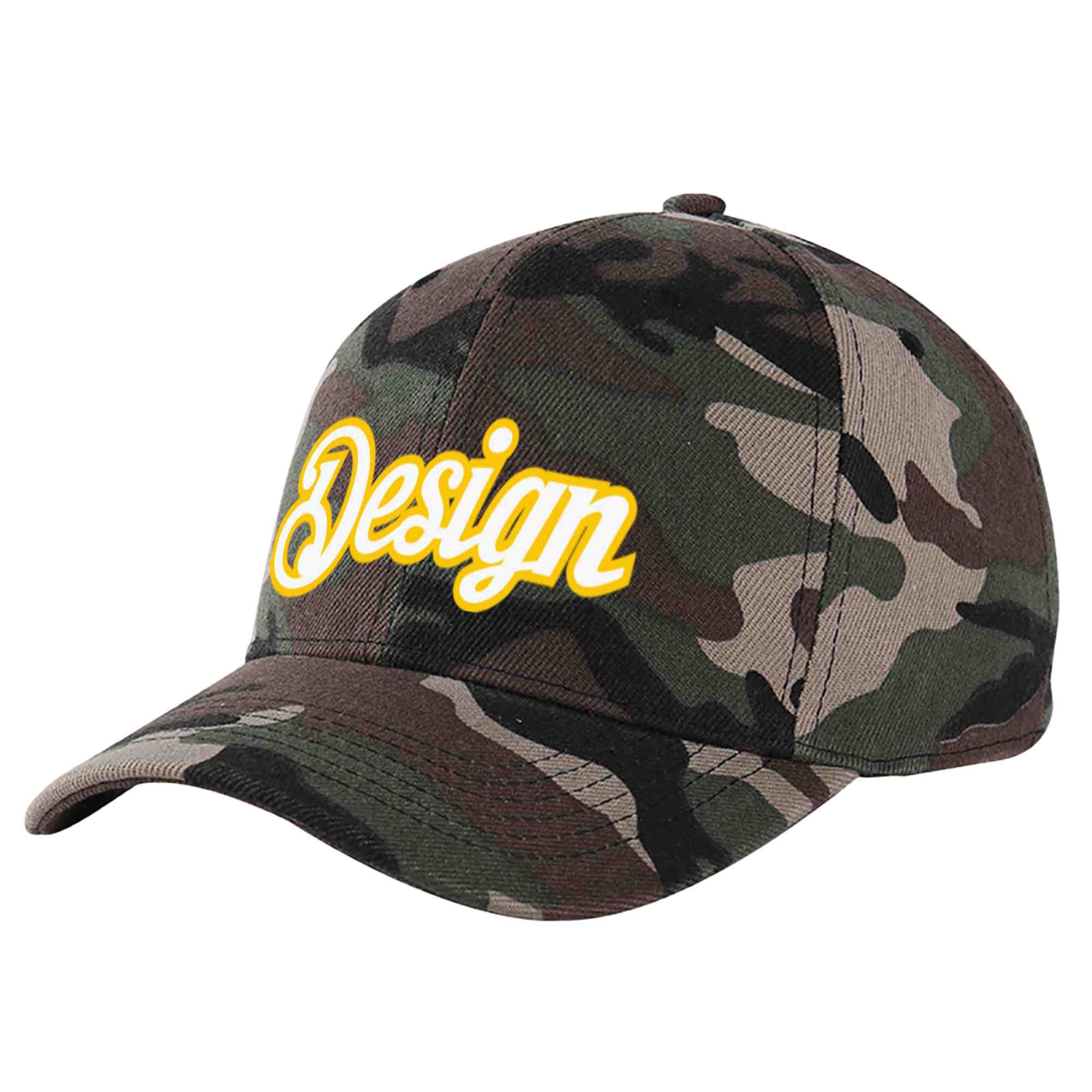 Custom Camo White-Gold Curved Eaves Sport Design Baseball Cap