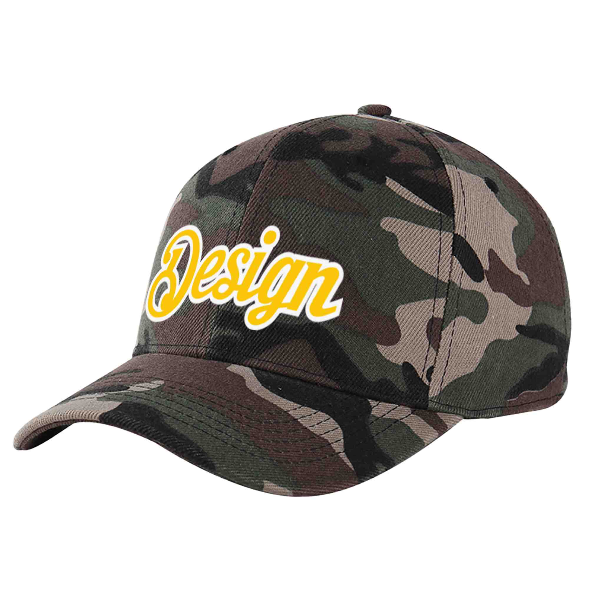 Custom Camo Gold-White Curved Eaves Sport Design Baseball Cap