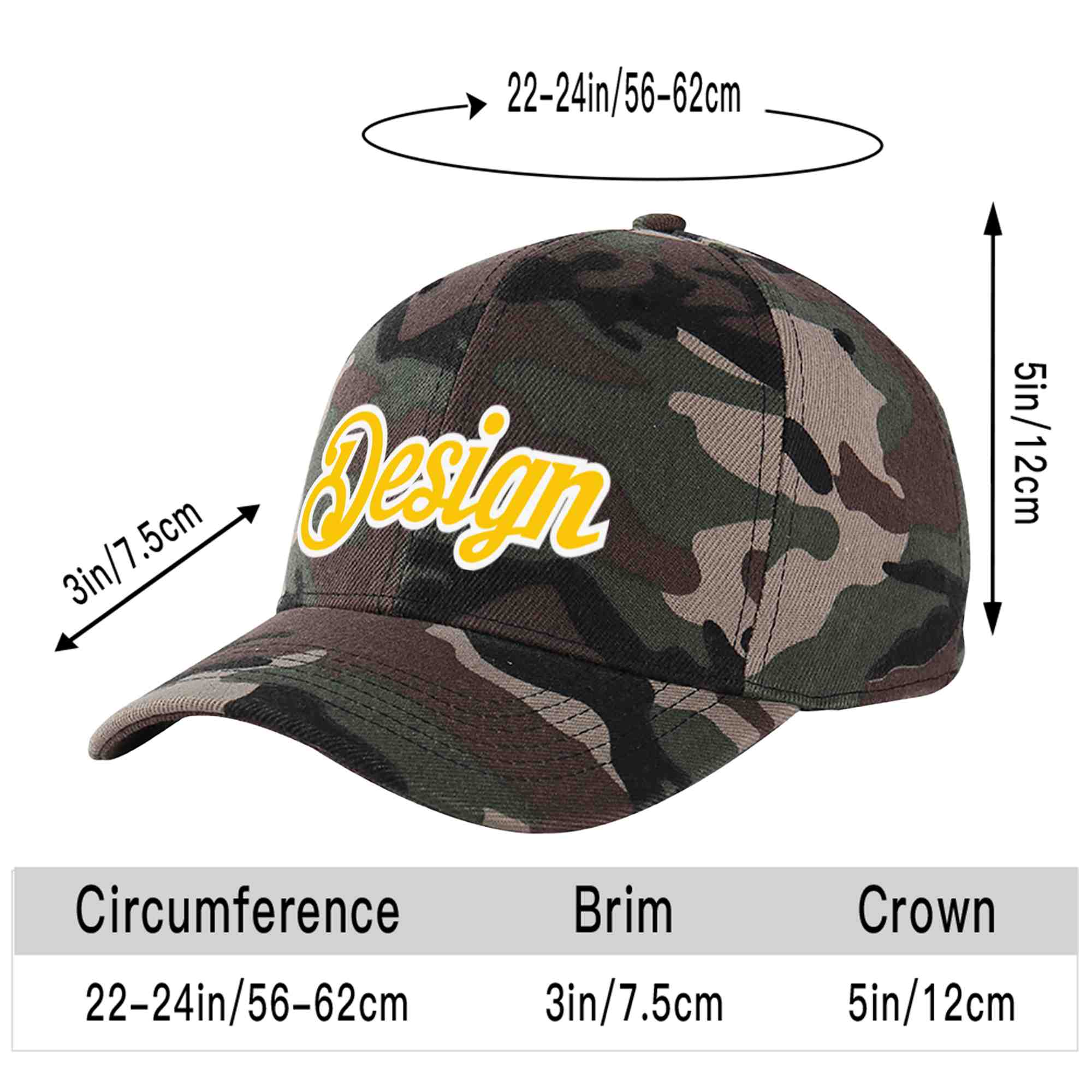 Custom Camo Gold-White Curved Eaves Sport Design Baseball Cap