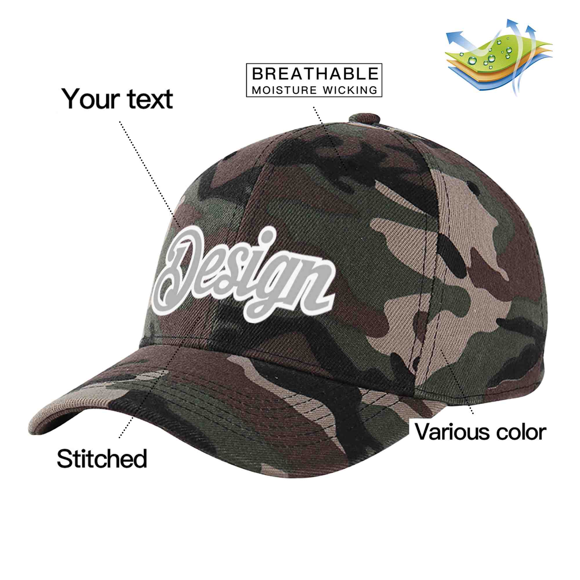 Custom Camo Gray-White Curved Eaves Sport Design Baseball Cap