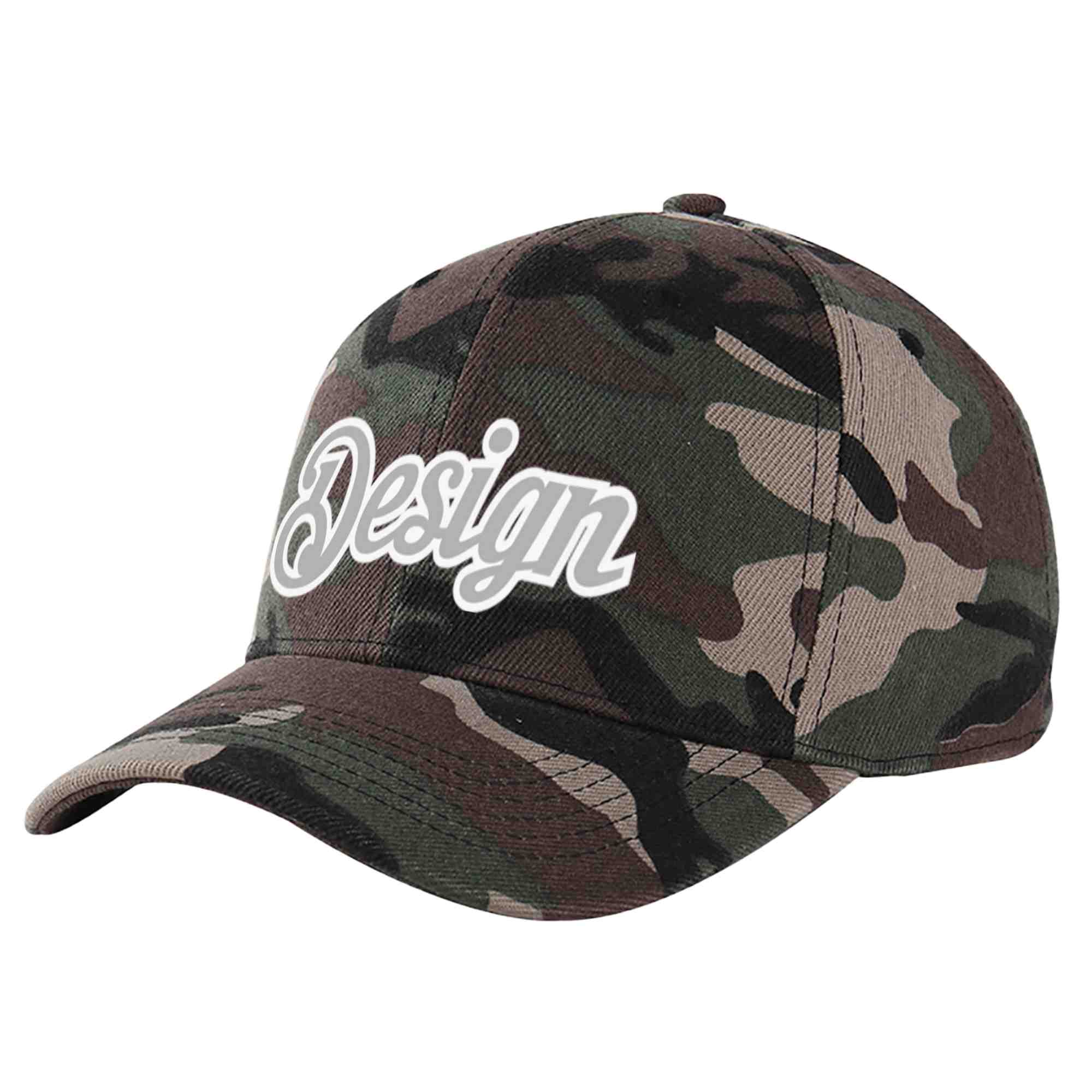 Custom Camo Gray-White Curved Eaves Sport Design Baseball Cap