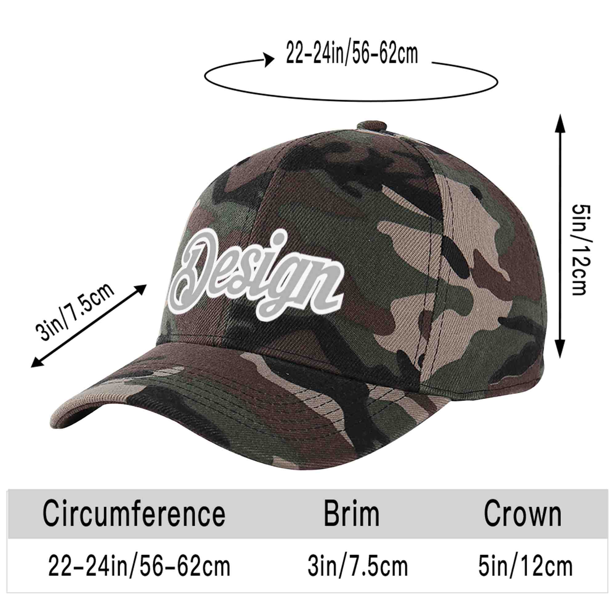 Custom Camo Gray-White Curved Eaves Sport Design Baseball Cap