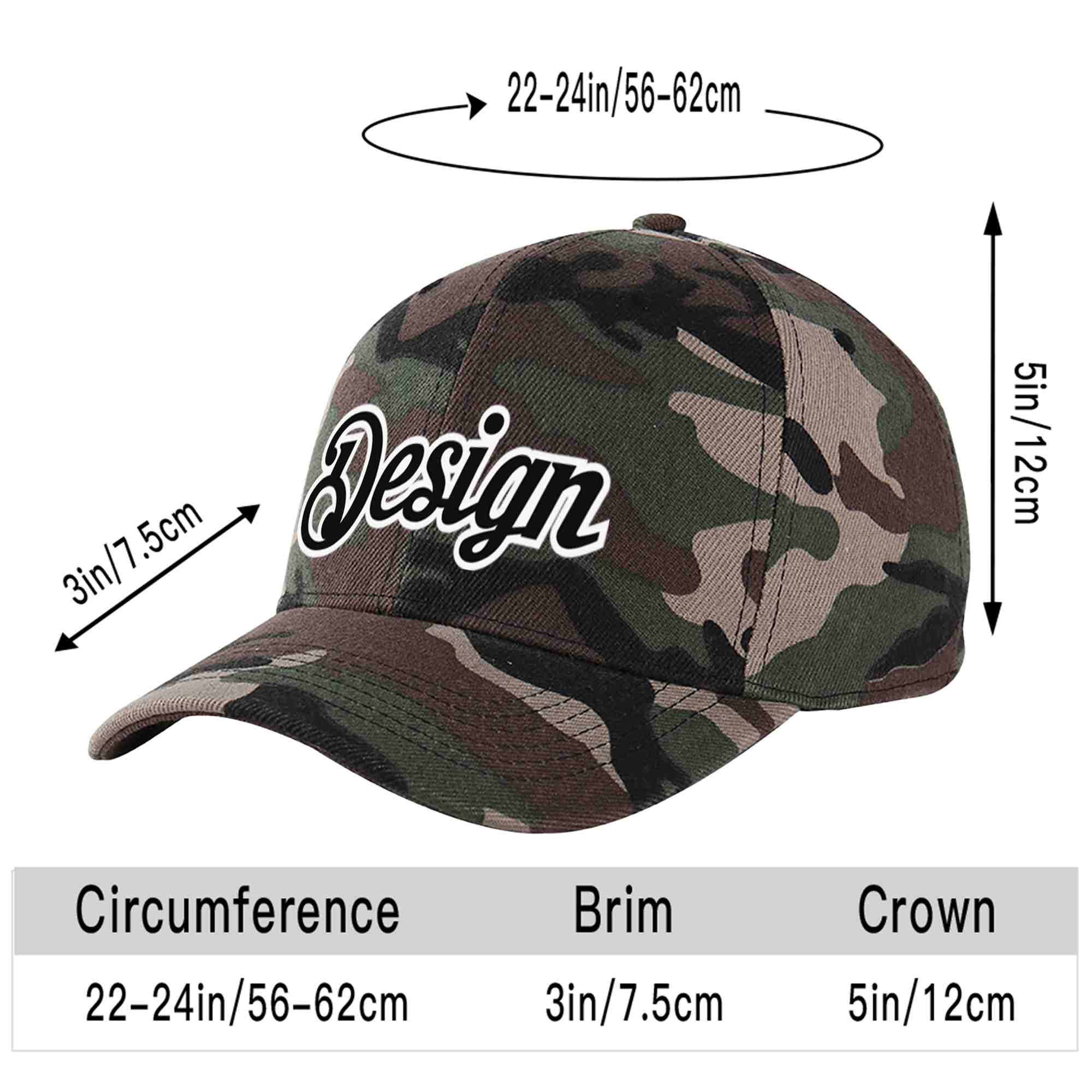 Custom Camo Black-White Curved Eaves Sport Design Baseball Cap