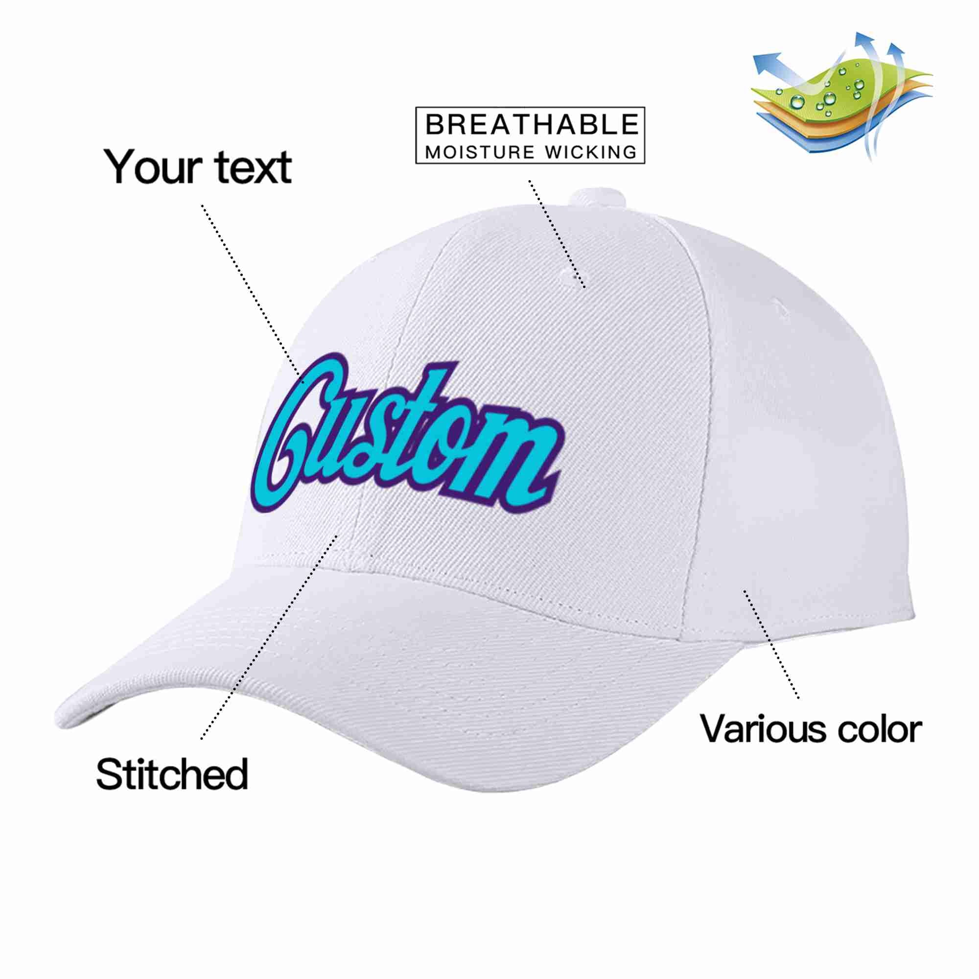 Conception personnalisée de casquette de baseball de sport incurvée bleu clair-violet blanc pour hommes/femmes/jeunes